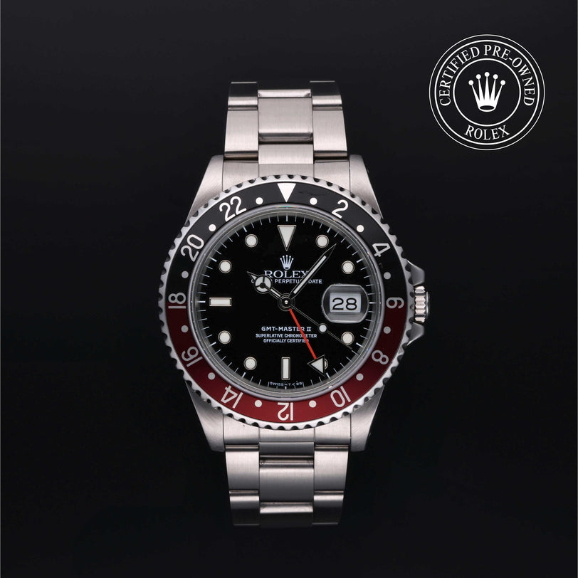 Rolex Certified Pre-owned GMT M16710-0009 front on black background