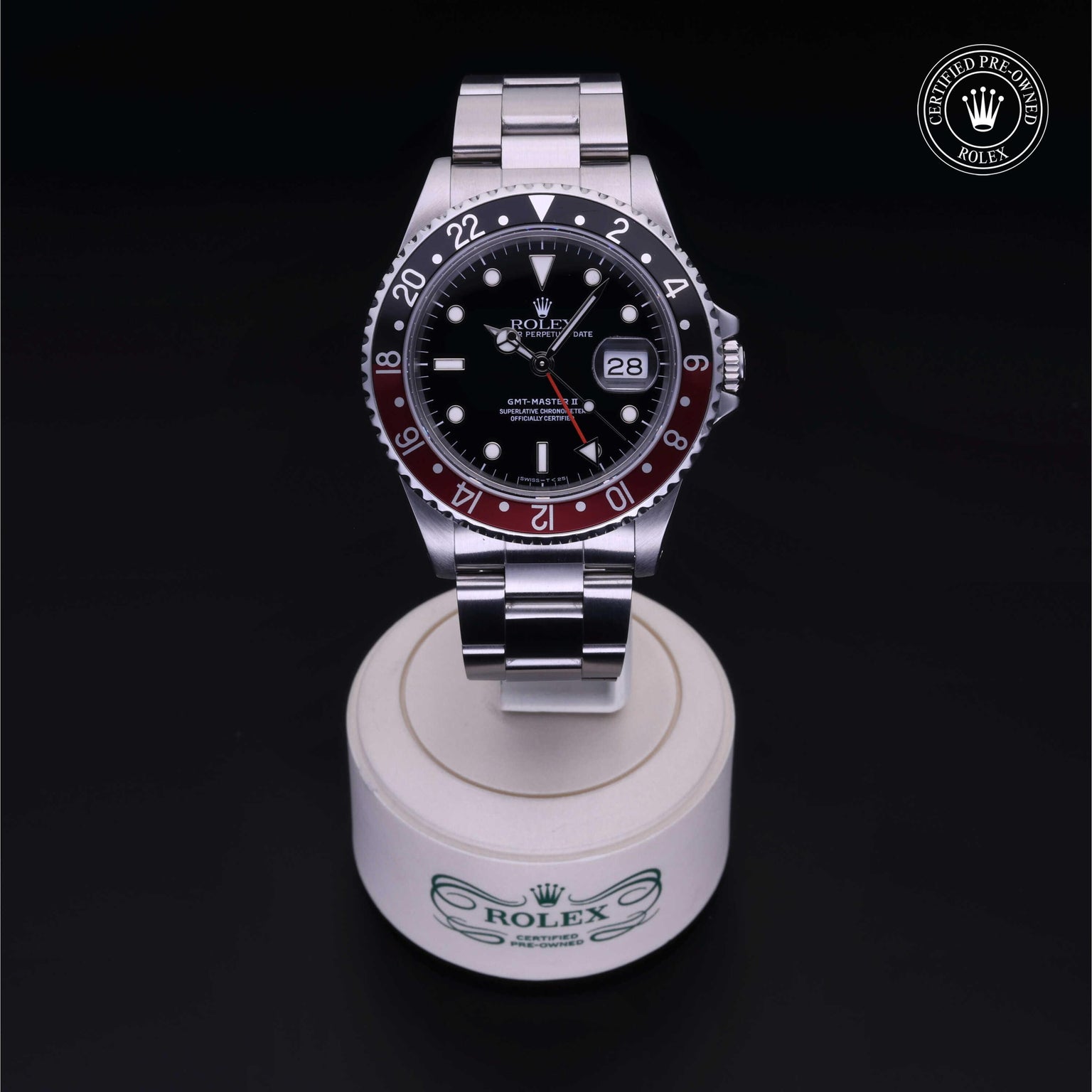Rolex Certified Pre-owned GMT M16710-0009 front on black background