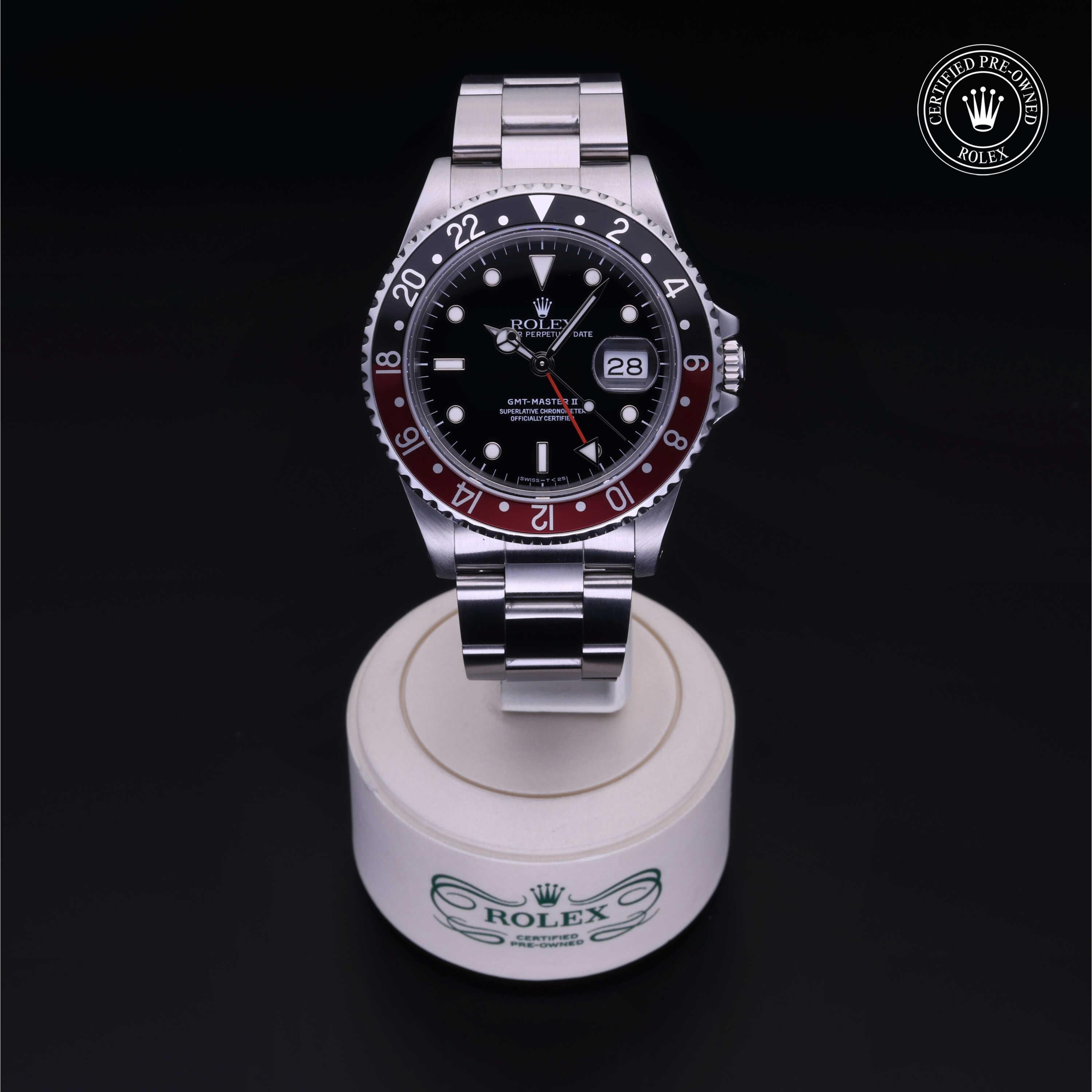 Rolex Certified Pre-owned GMT M16710-0009 front on black background