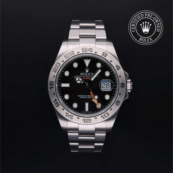 Rolex Certified Pre-owned Explorer M216570-0002 front on black background