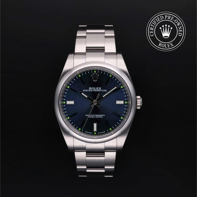 Rolex Certified Pre-owned Oyster Perpetual M114300-0003 front on black background