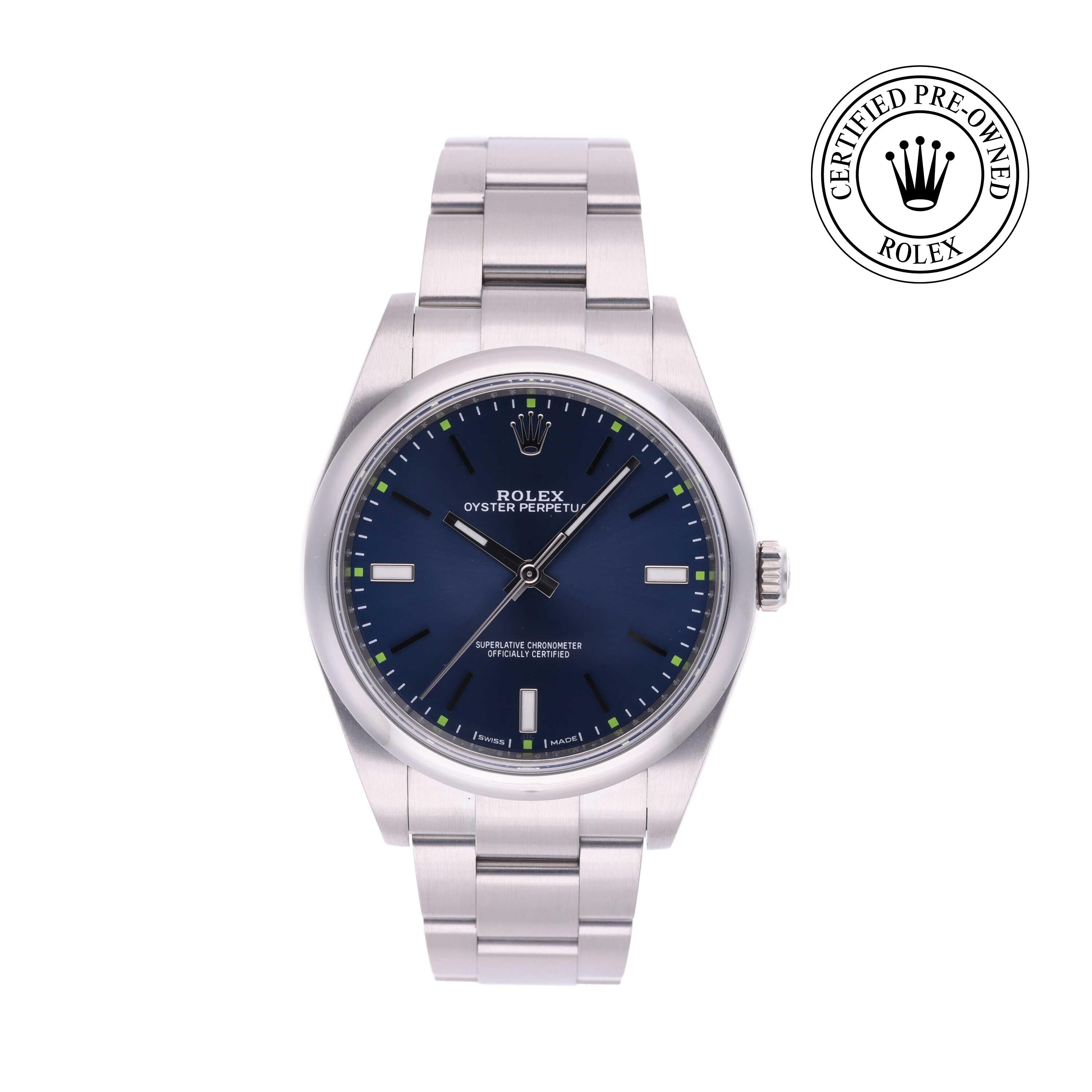 Rolex Certified Pre-owned Oyster Perpetual M114300-0003 front on white background