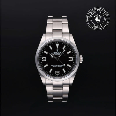 Rolex Certified Pre-owned Explorer M124270-0001 front on black background