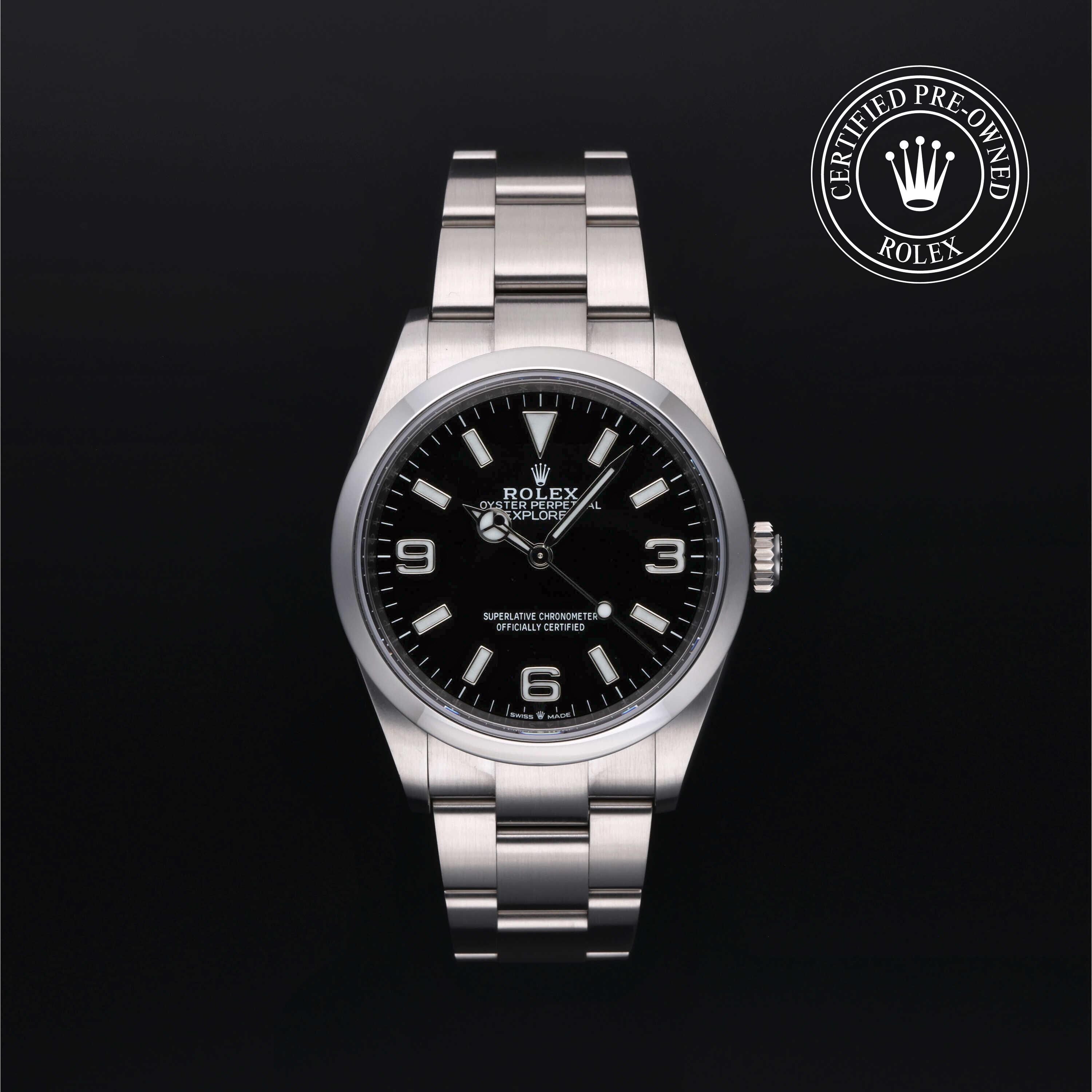 Rolex Certified Pre-owned Explorer M124270-0001 front on black background