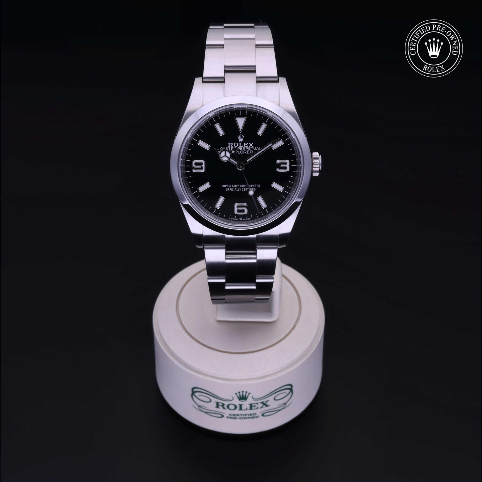 Rolex Certified Pre-owned Explorer M124270-0001 front on black background
