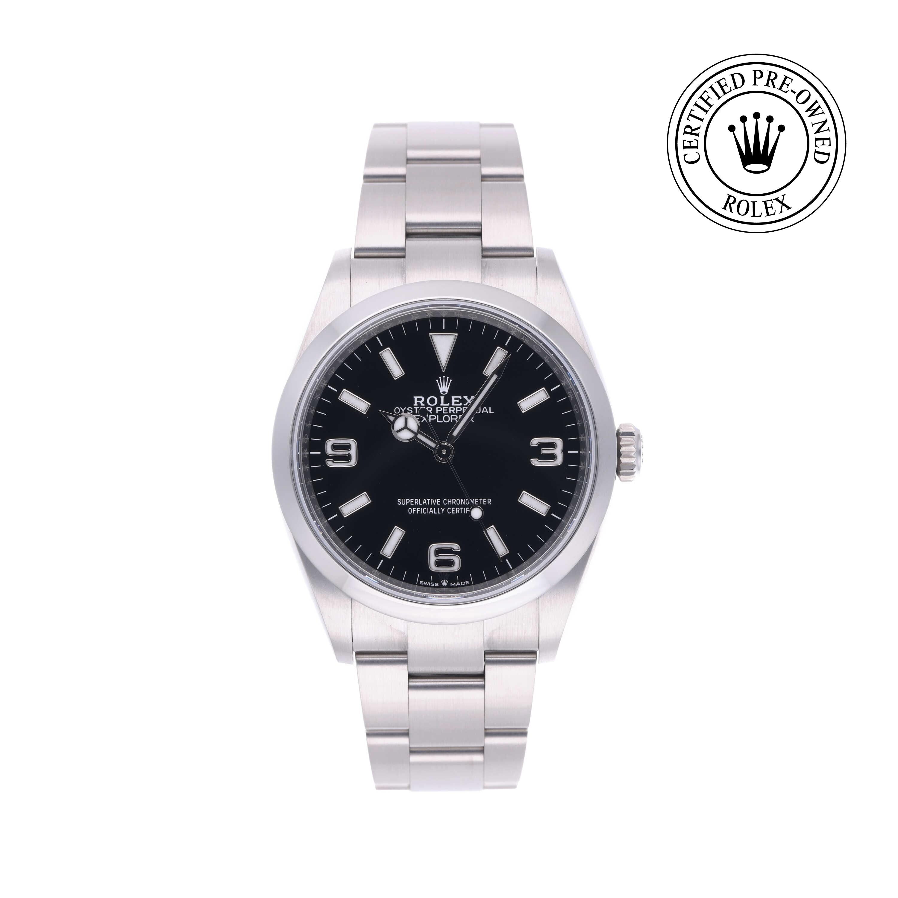 Rolex Certified Pre-owned Explorer M124270-0001 front on white background