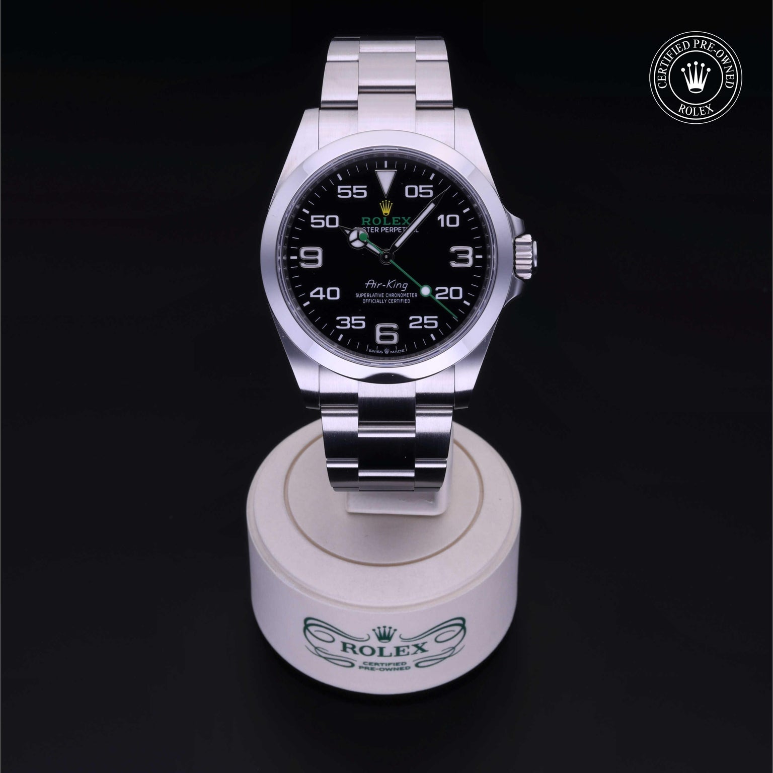 Rolex Certified Pre-owned Air-King M126900-0001 front on black background
