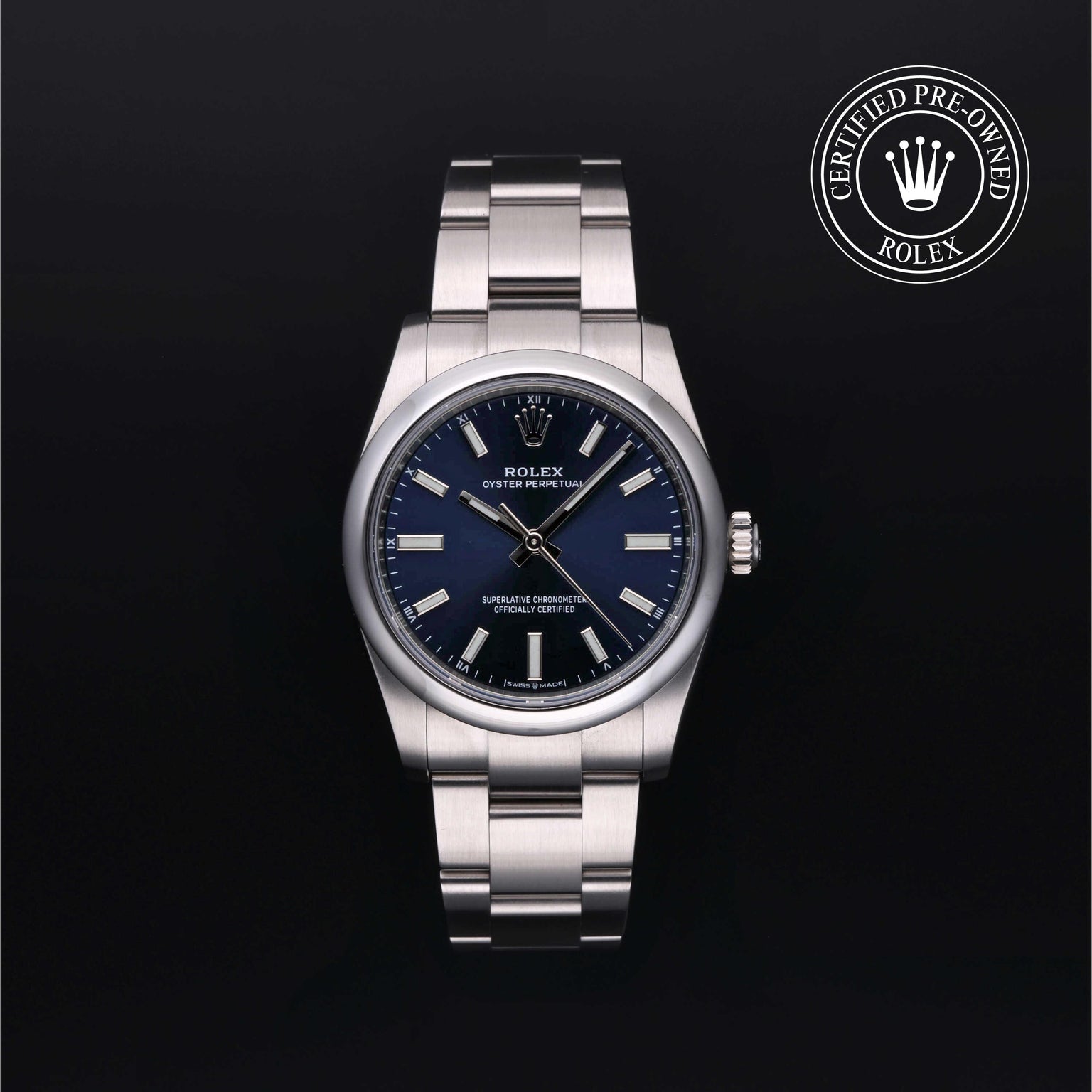 Rolex Certified Pre-owned Oyster Perpetual M124200-0003 front on black background