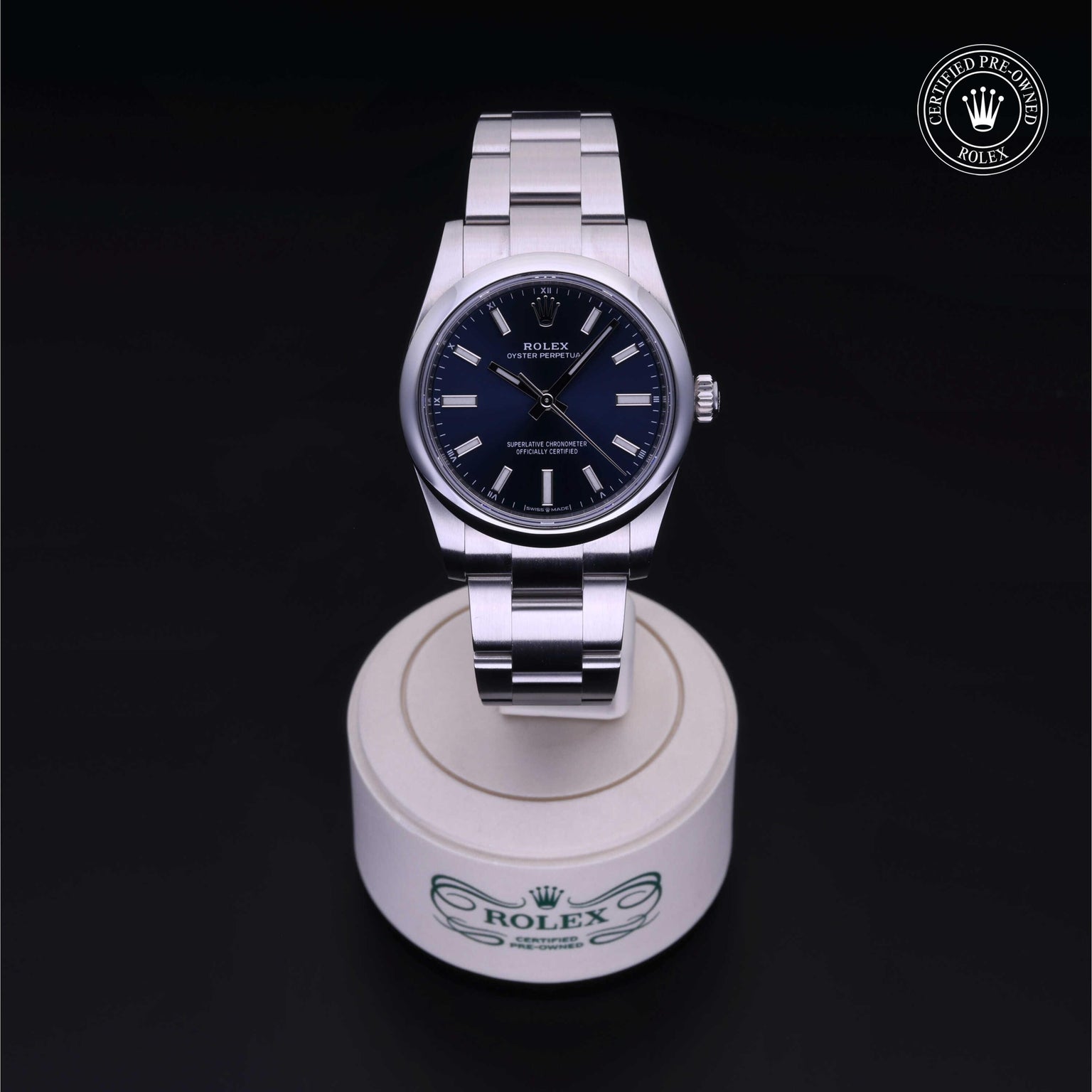 Rolex Certified Pre-owned Oyster Perpetual M124200-0003 front on black background