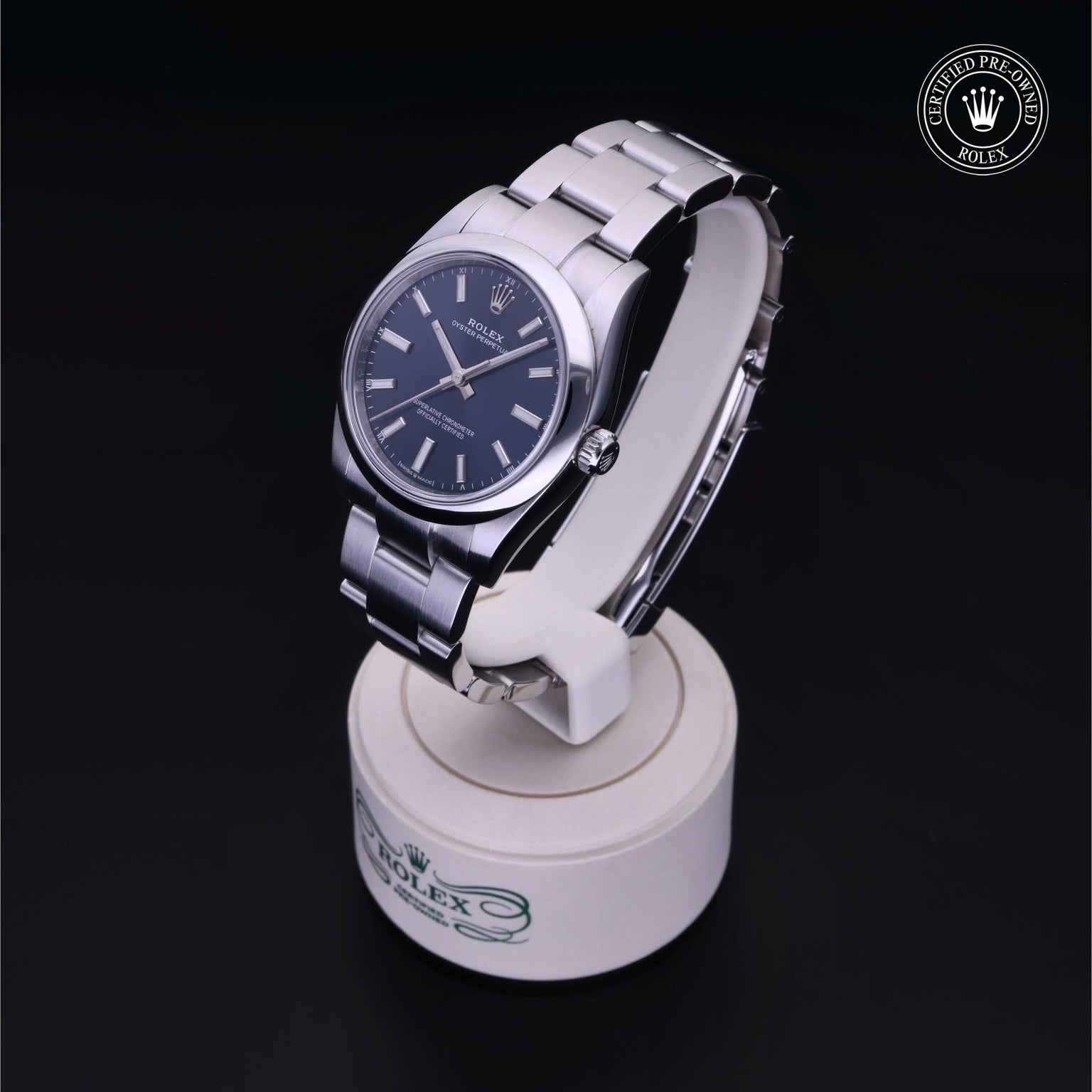 Rolex Certified Pre-owned Oyster Perpetual M124200-0003 front on black background