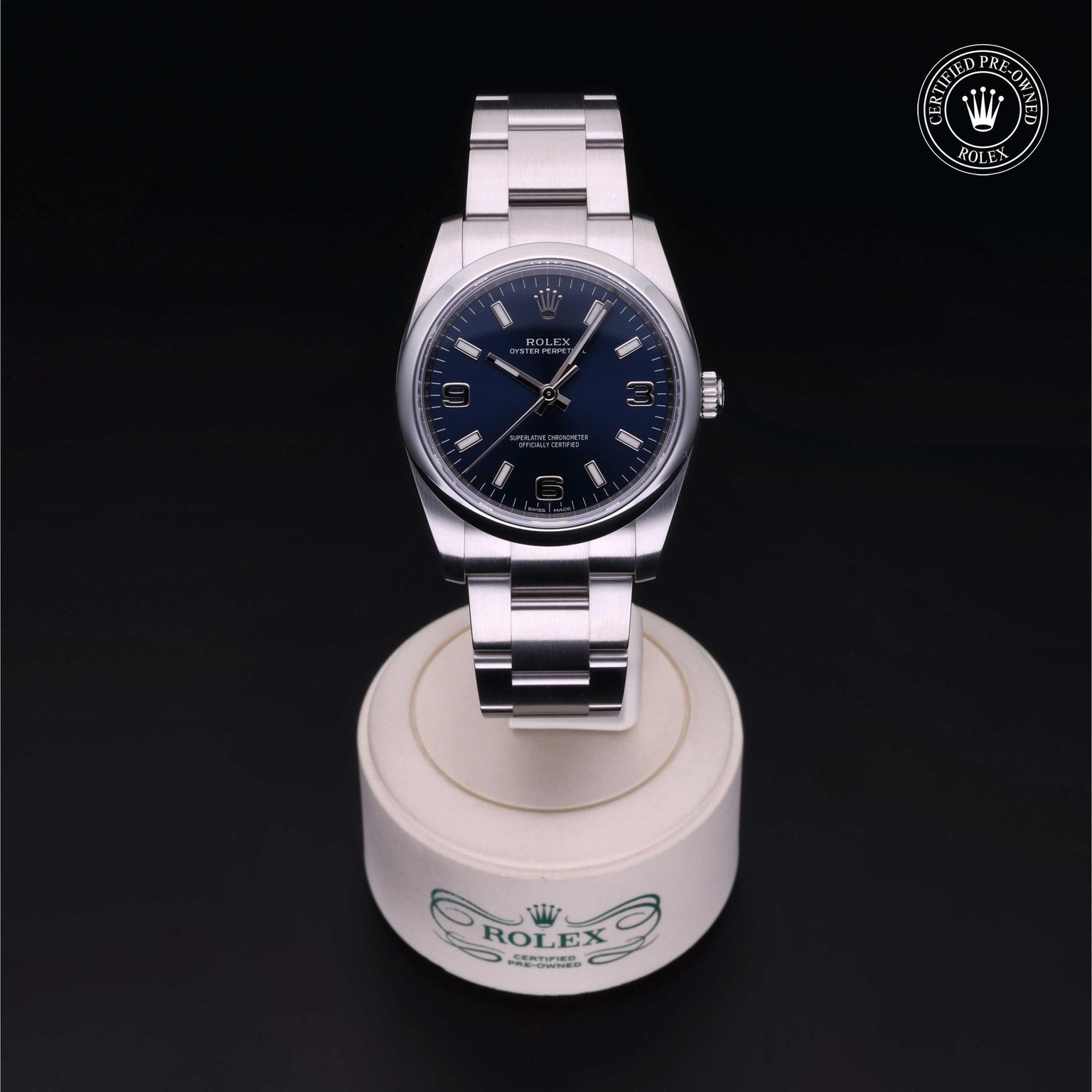 Rolex Certified Pre-owned Oyster Perpetual M114200-0014 front on black background