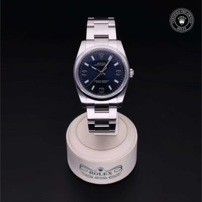 Rolex Certified Pre-owned Oyster Perpetual M114200-0014 front on black background