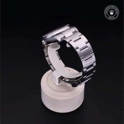 Rolex Certified Pre-owned Oyster Perpetual M114200-0014 front on black background
