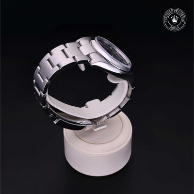 Rolex Certified Pre-owned Oyster Perpetual M114200-0014 front on black background