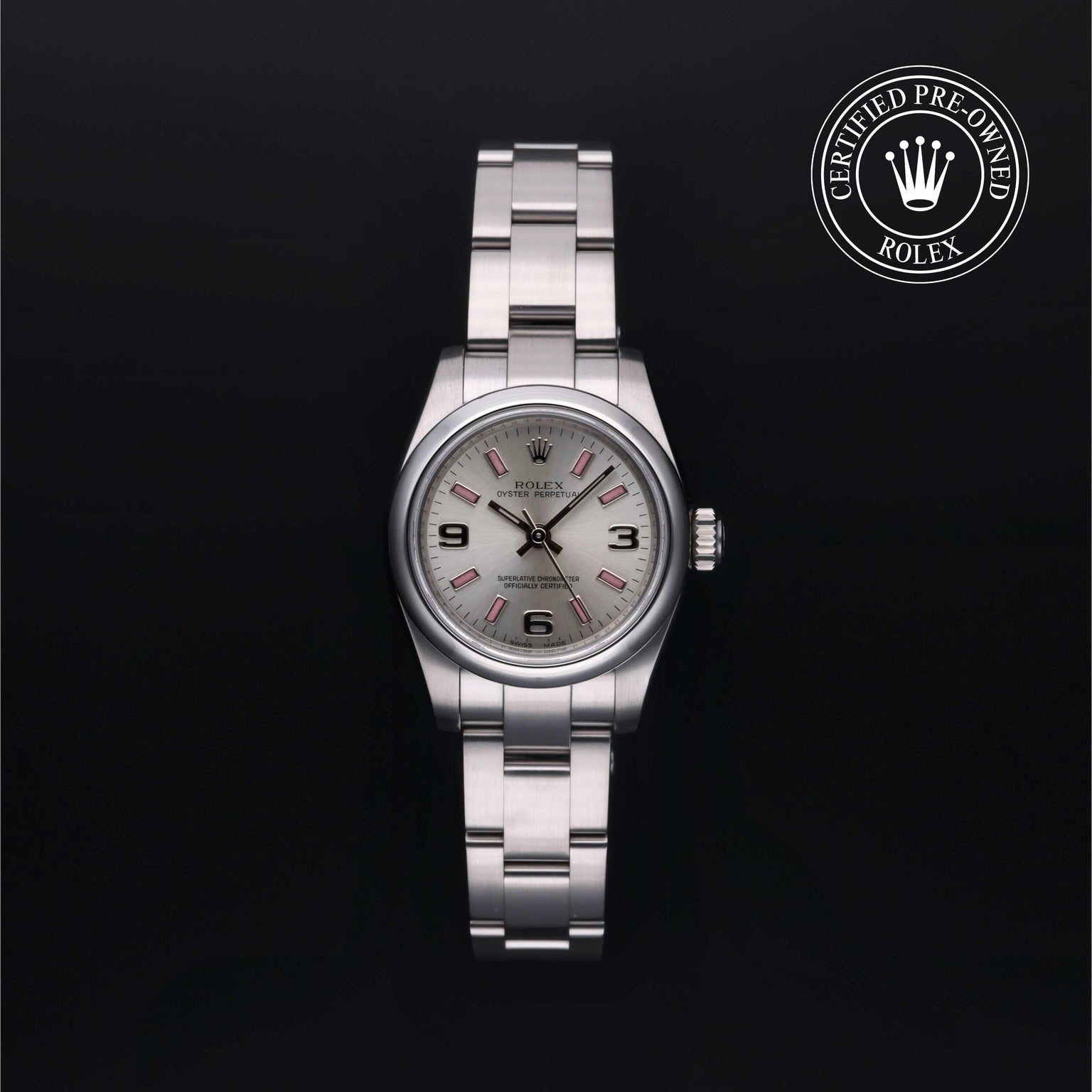 Rolex Certified Pre-owned Oyster Perpetual M176200-0001 front on black background