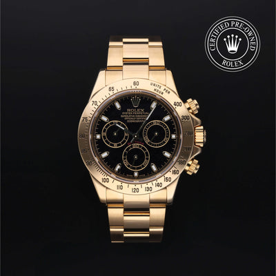 Rolex Certified Pre-owned Daytona M116528-0014 front on black background