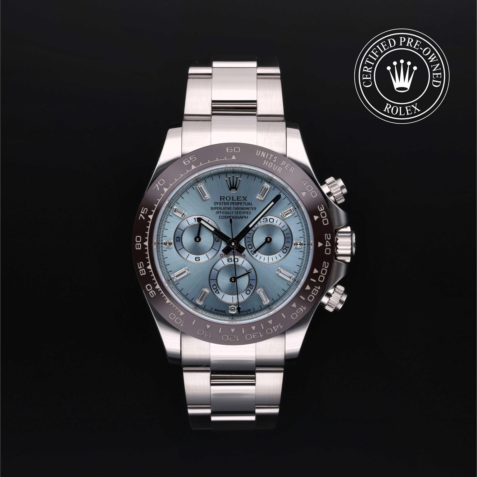 Rolex Certified Pre-owned Daytona M116506-0002 front on black background