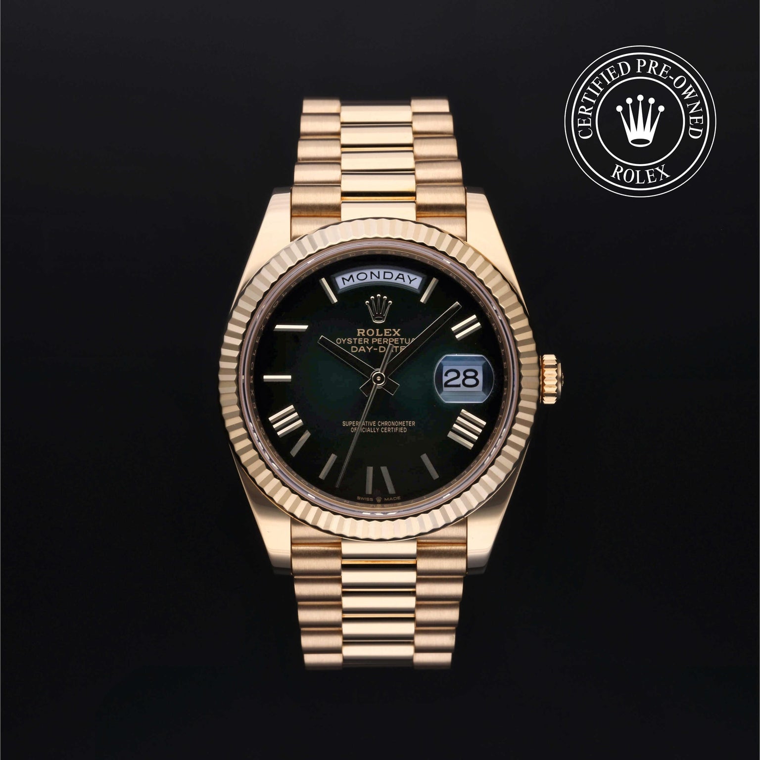 Rolex Certified Pre-owned Day-date M228238-0007 front on black background