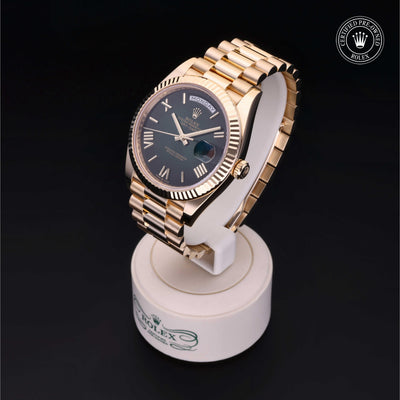 Rolex Certified Pre-owned Day-date M228238-0007 front on black background