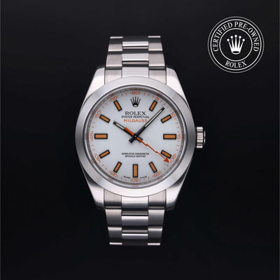 Rolex Certified Pre-owned Milgauss M116400-0002 front on black background