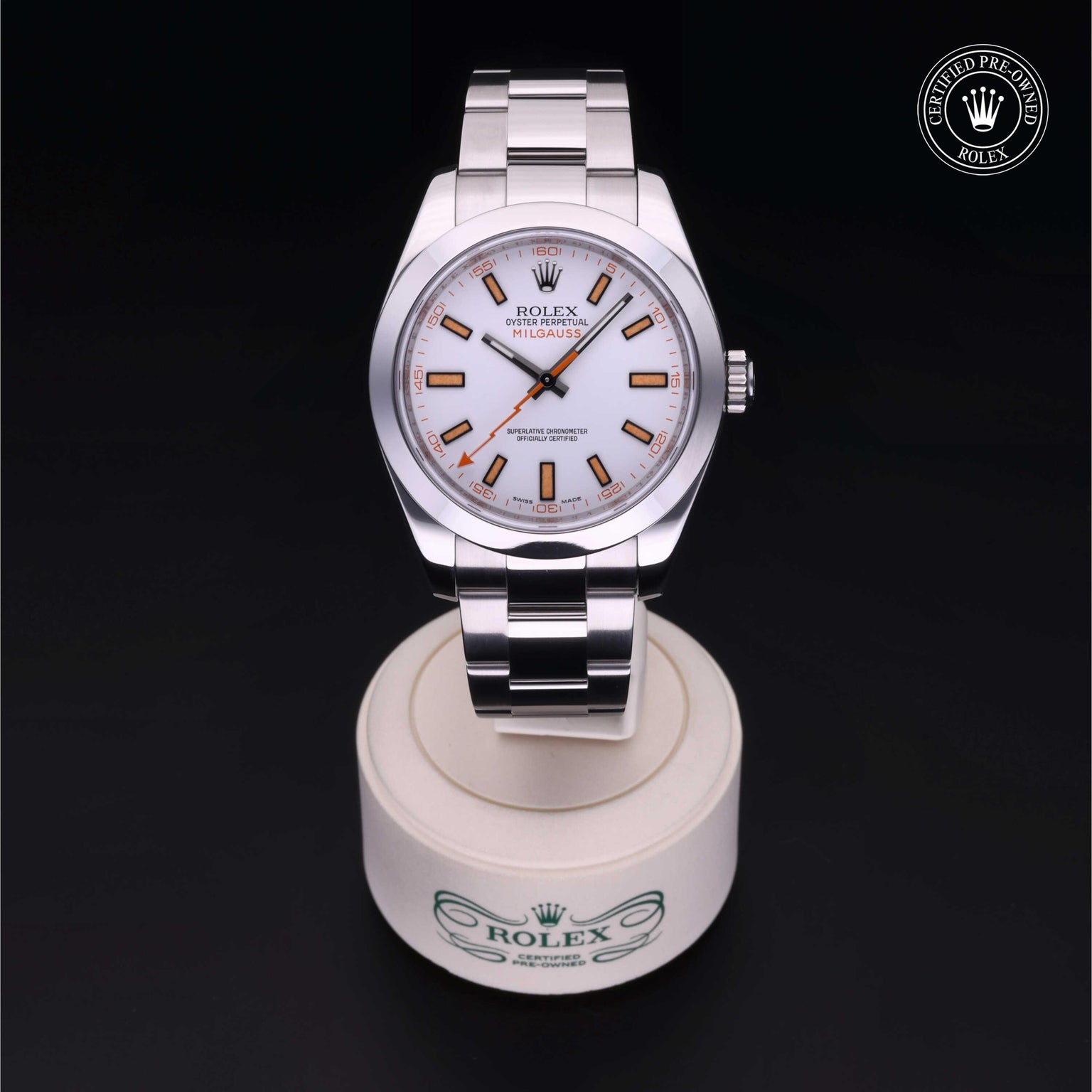 Rolex Certified Pre-owned Milgauss M116400-0002 front on black background