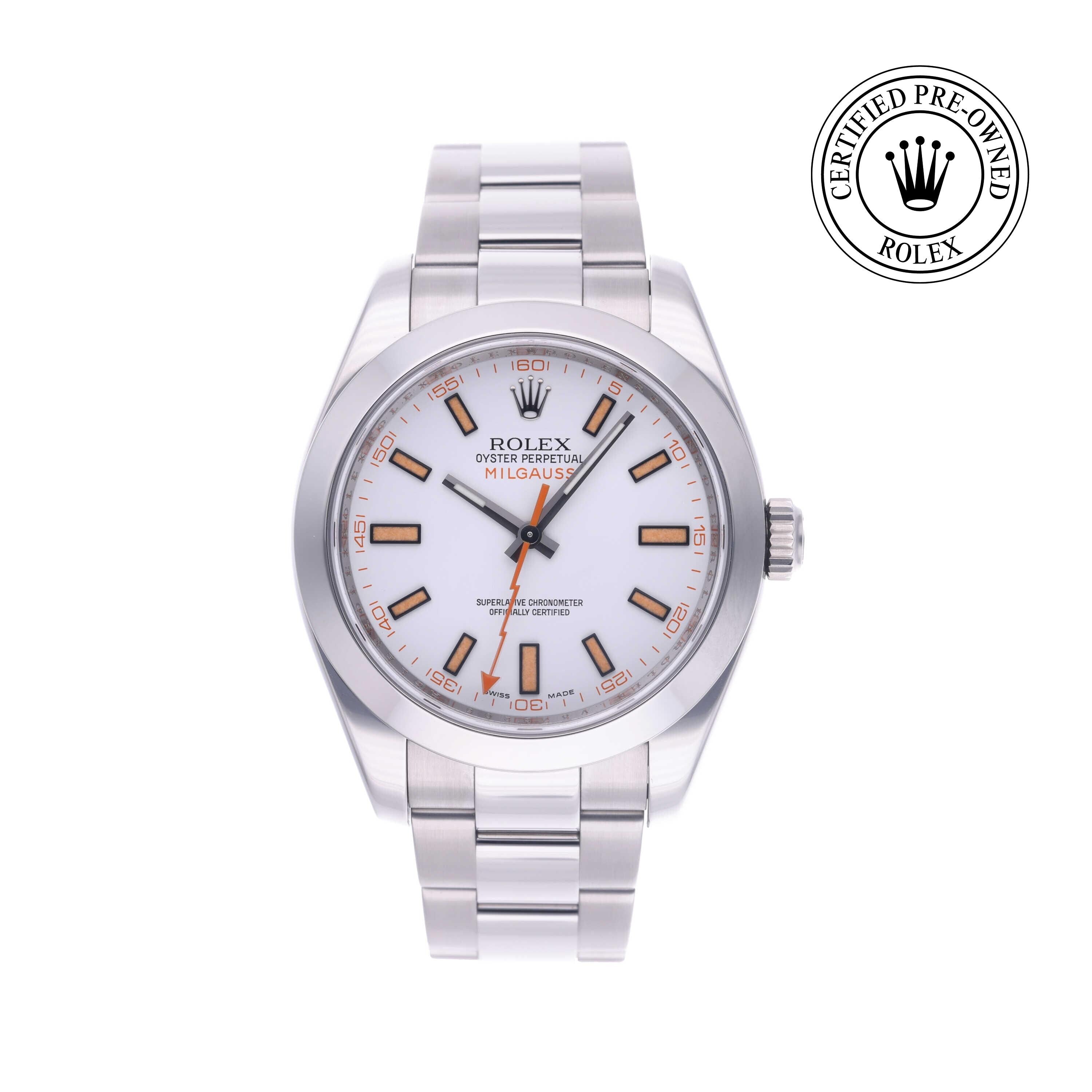 Rolex Certified Pre-owned Milgauss M116400-0002 front on white background