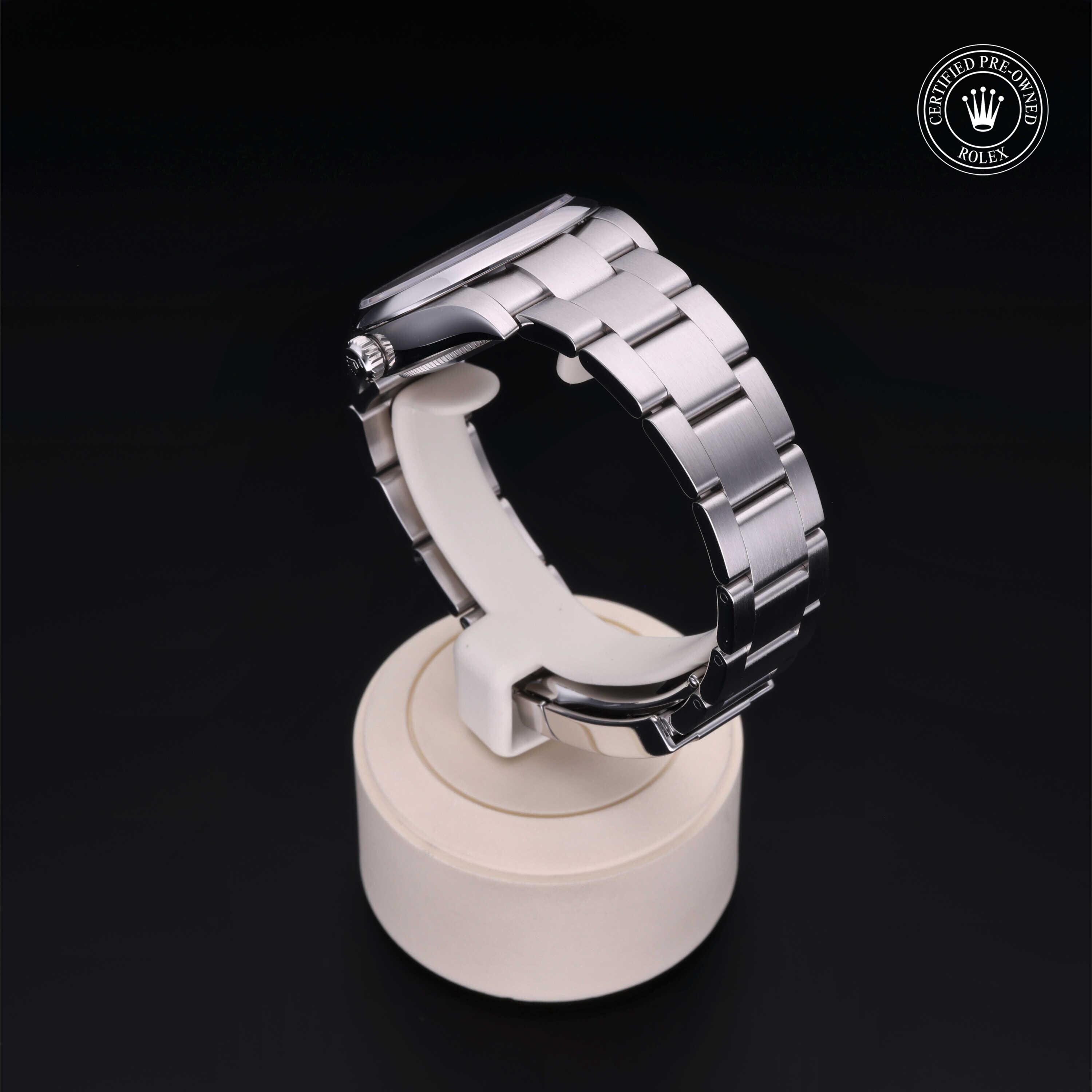 Rolex Certified Pre-owned Oyster Perpetual M124200-0002 front on black background