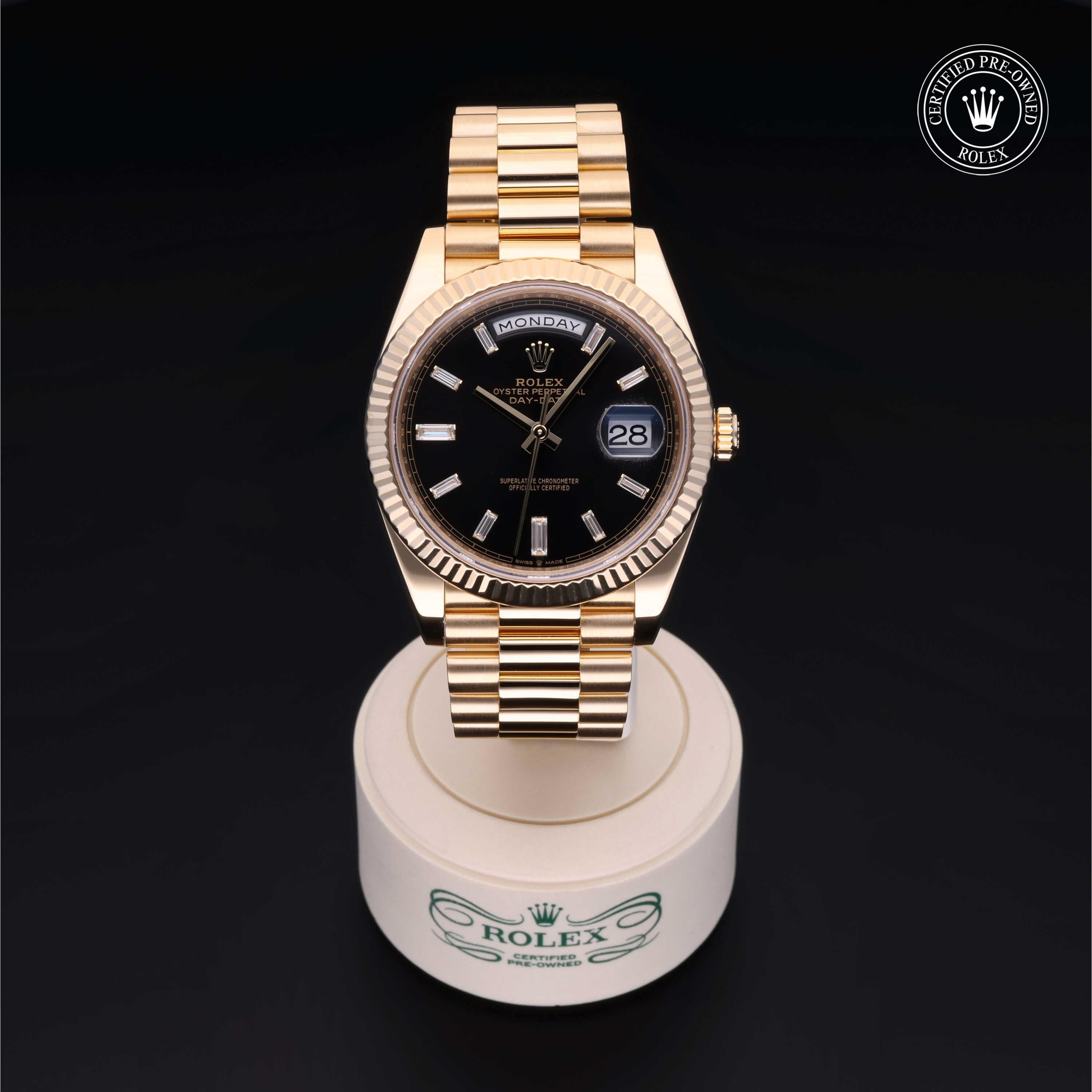 Rolex Certified Pre-owned Day-date M228238-0004 front on black background