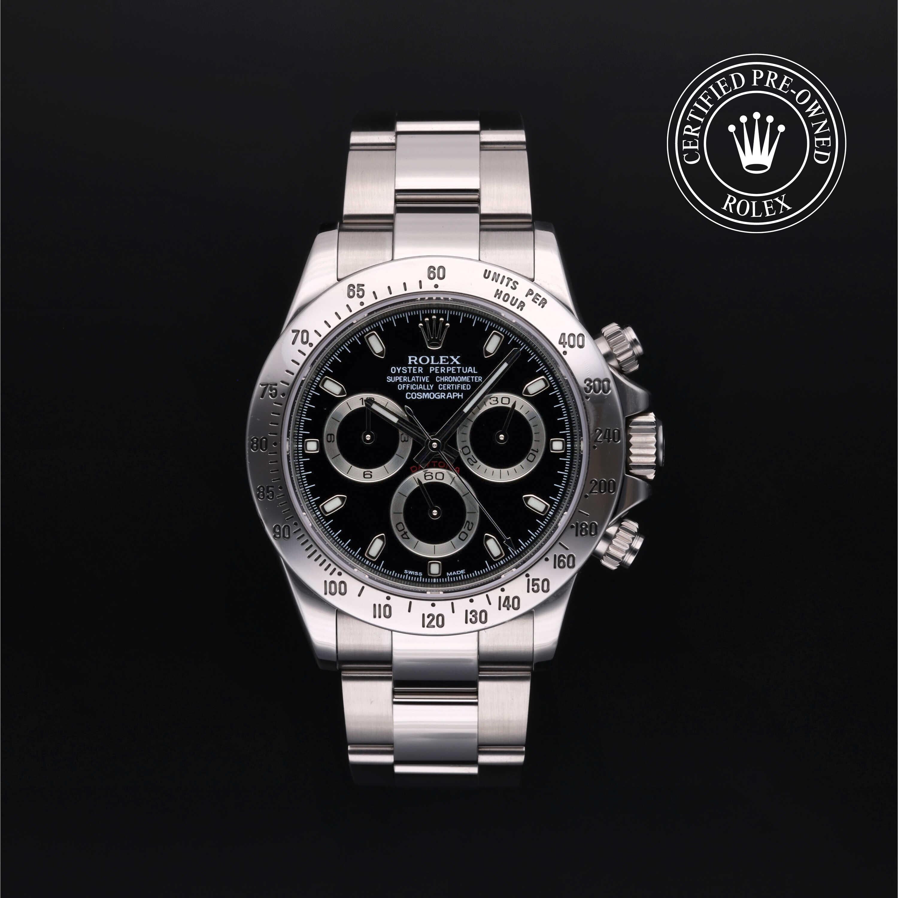 Rolex Certified Pre-owned Daytona M116520-0015 front on black background