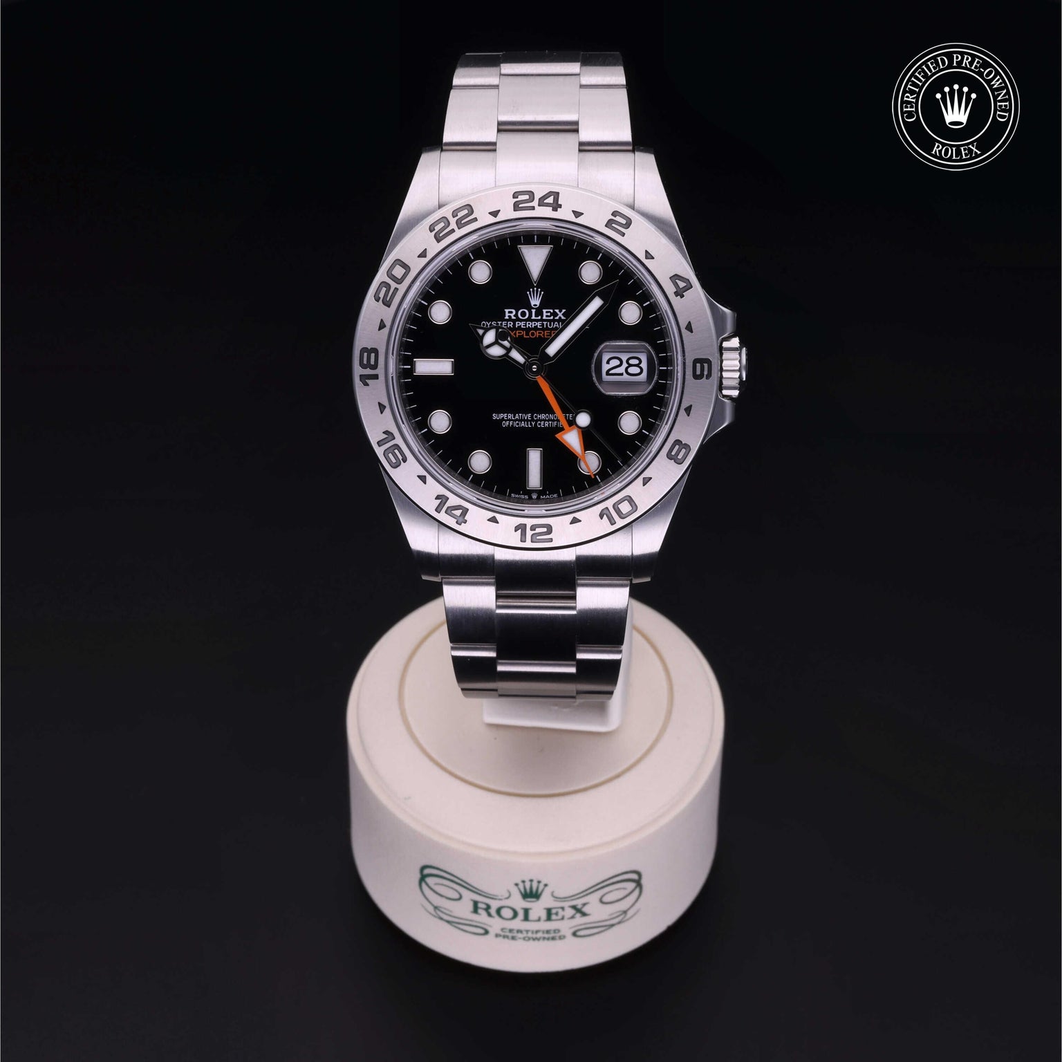 Rolex Certified Pre-owned Explorer M226570-0002 front on black background