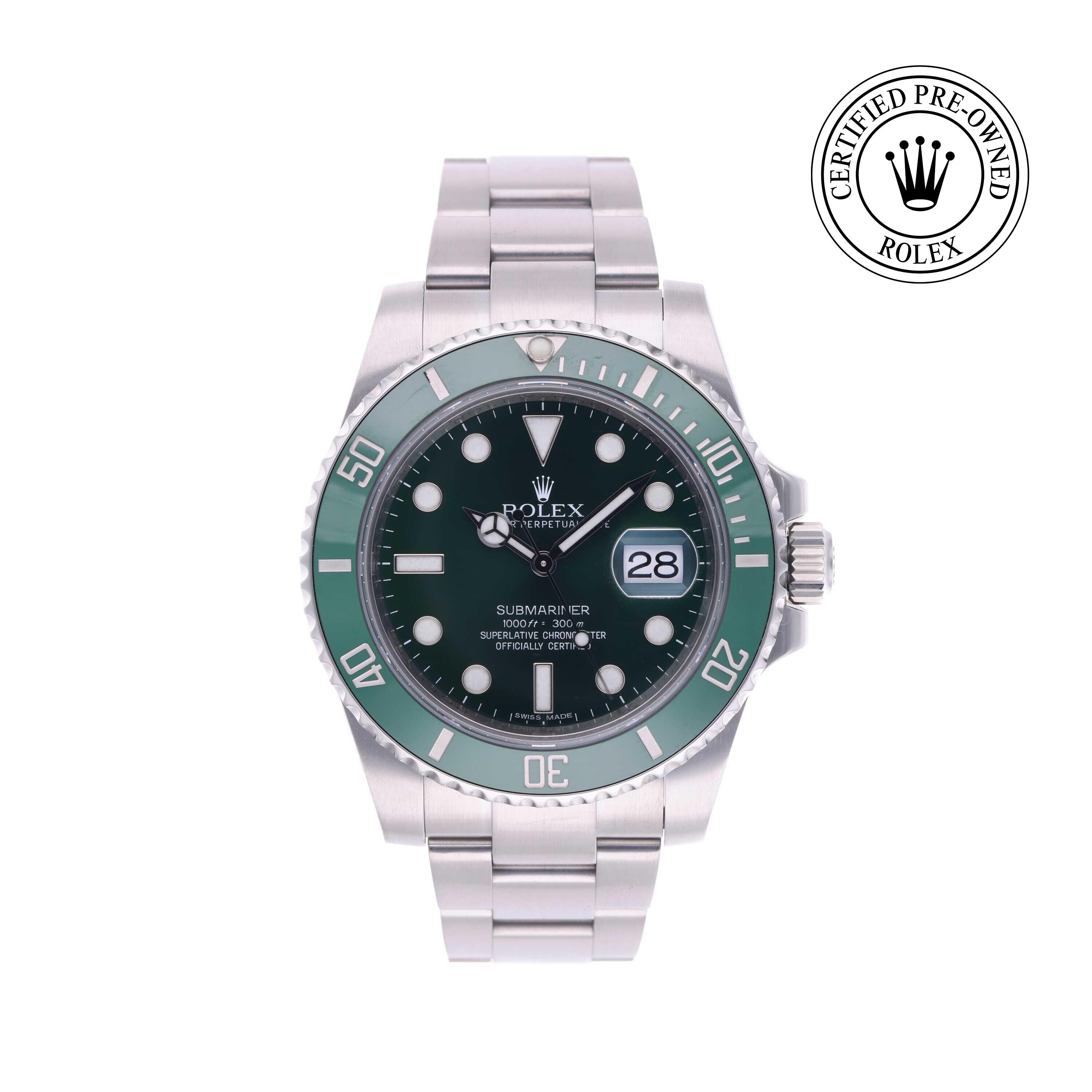 Rolex Certified Pre-owned Submariner M116610LV-0002 front on white background