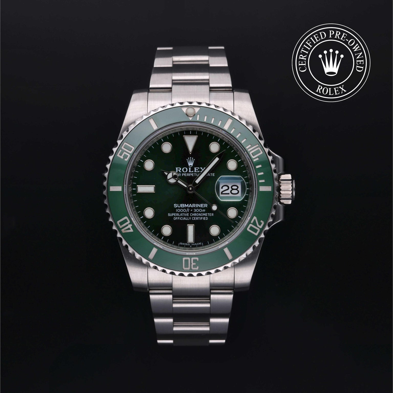Rolex Certified Pre-owned Submariner M116610LV-0002 front on black background