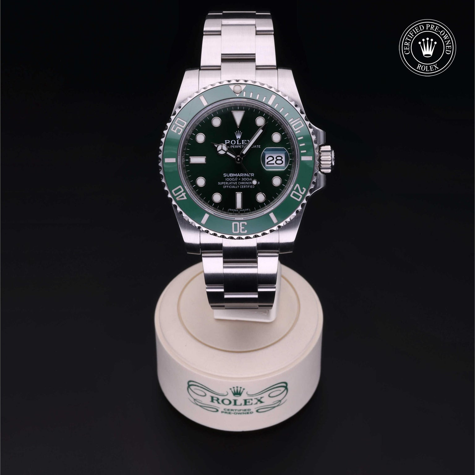 Rolex Certified Pre-owned Submariner M116610LV-0002 front on black background