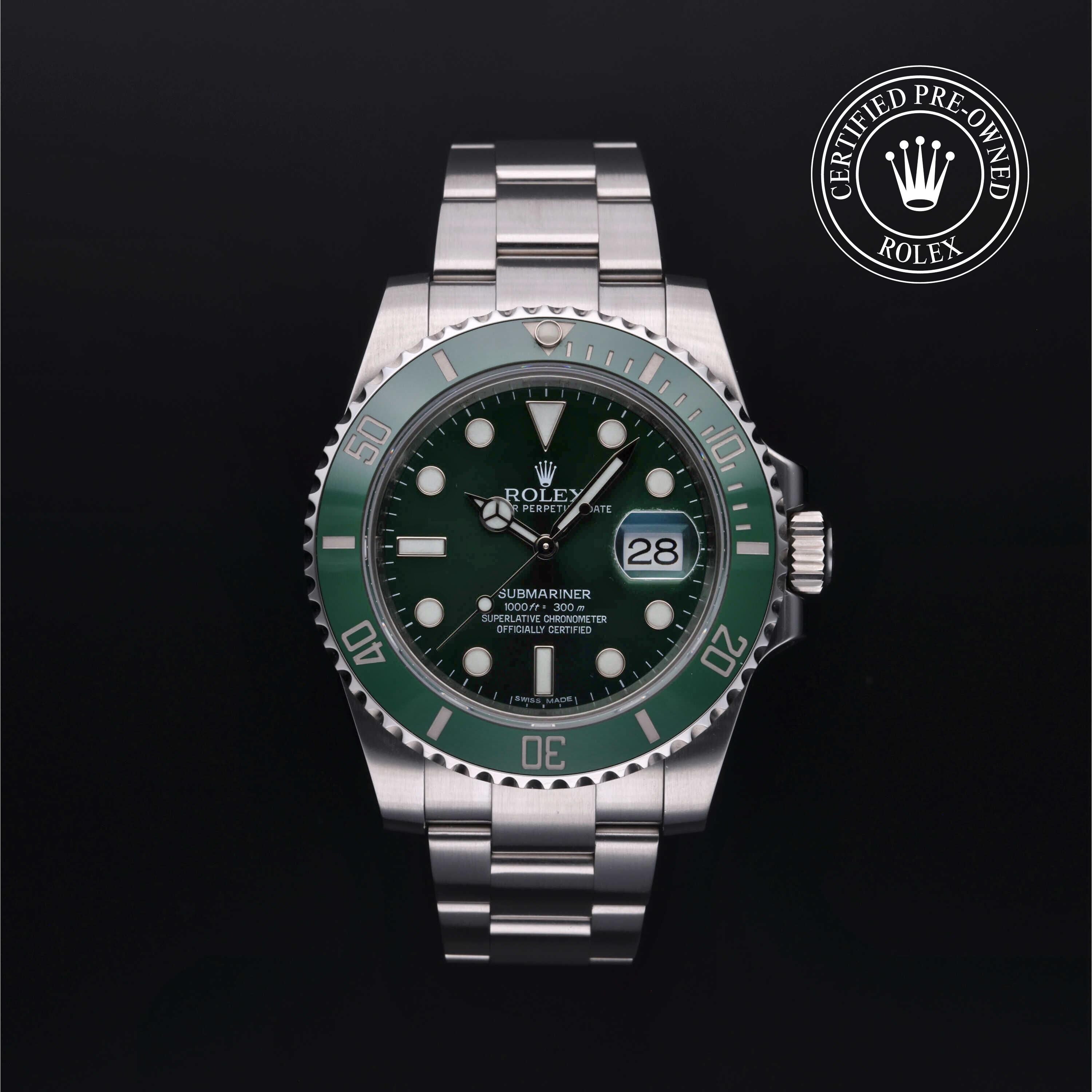 Rolex Certified Pre-owned Submariner M116610LV-0002 front on black background