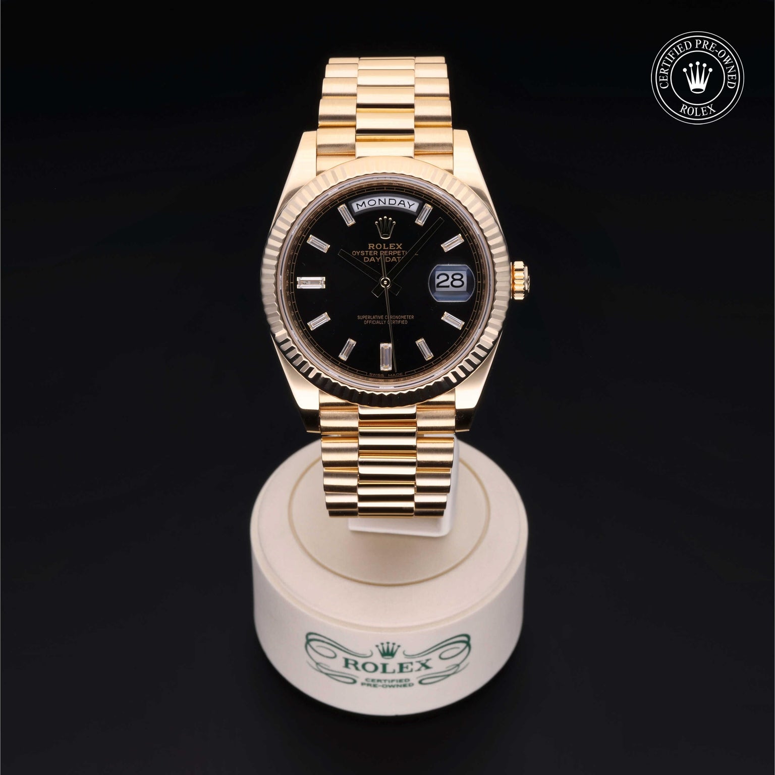 Rolex Certified Pre-owned Day-date M228238-0002 front on black background