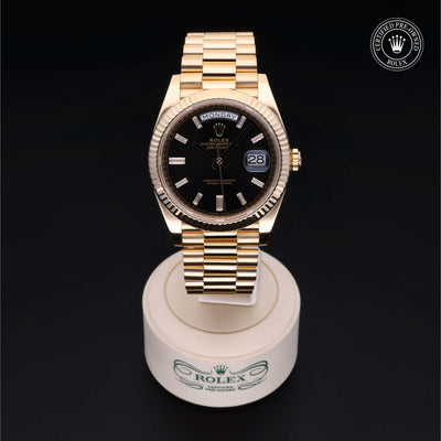 Rolex Certified Pre-owned Day-date M228238-0002 front on black background
