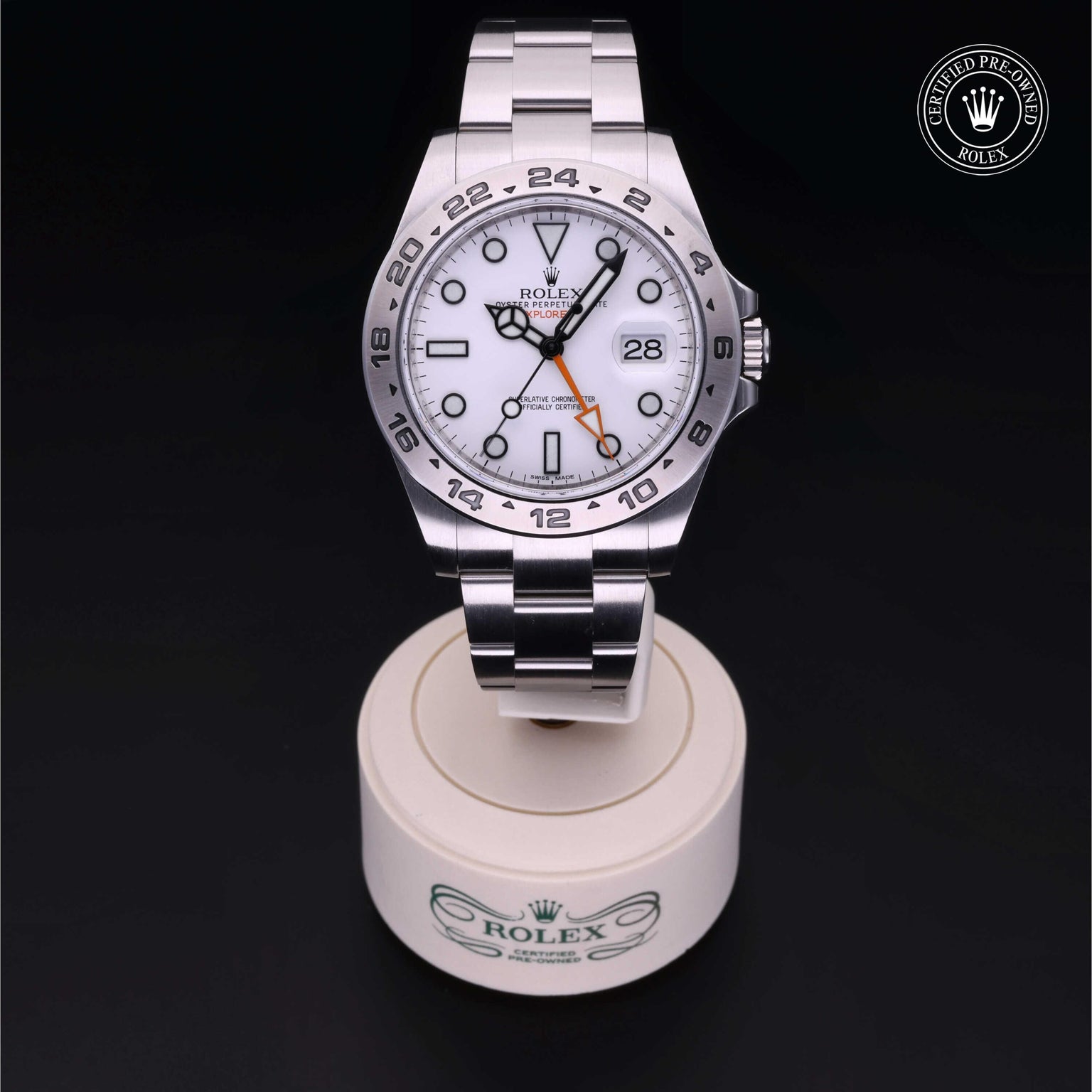 Rolex Certified Pre-owned Explorer M216570-0001 front on black background