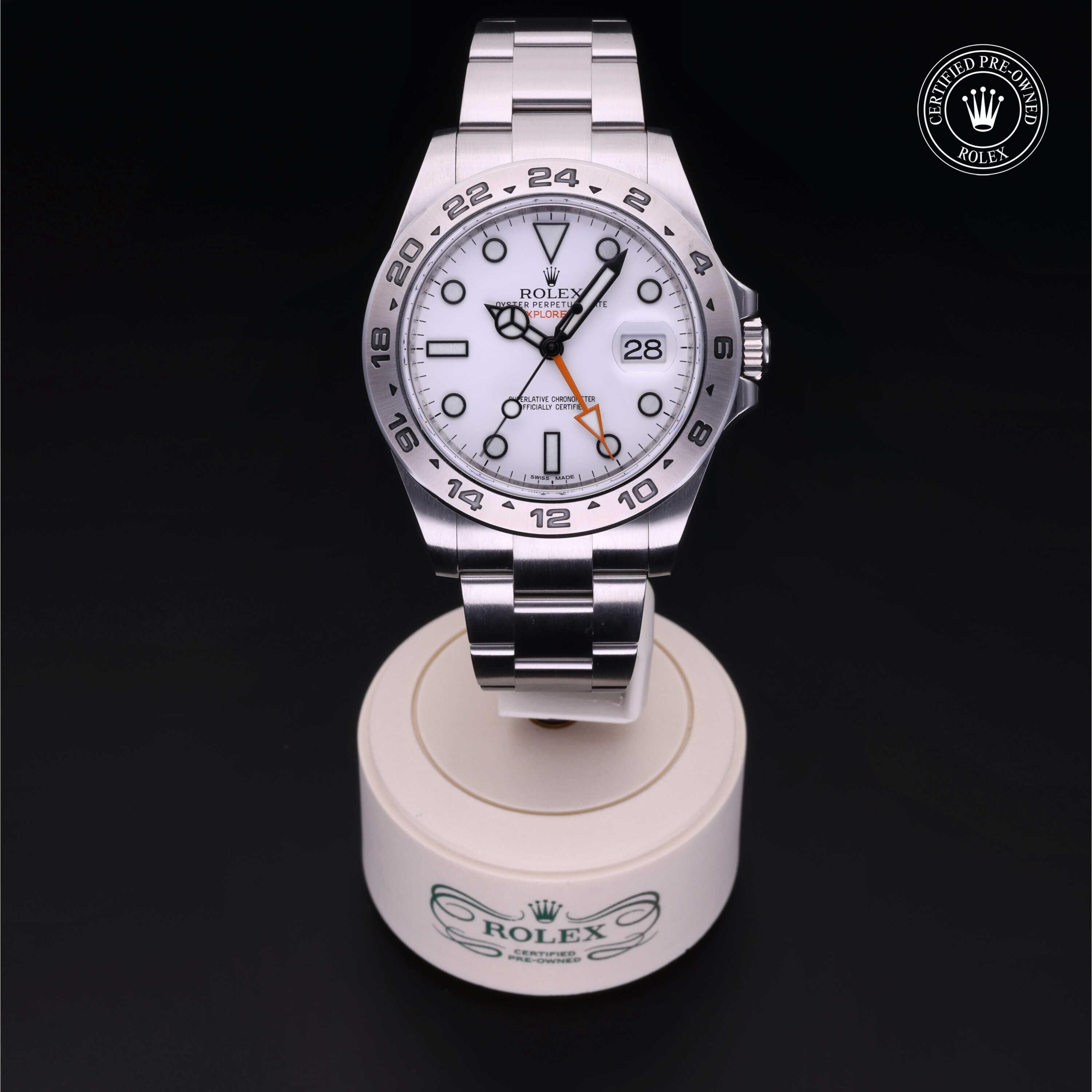 Rolex Certified Pre-owned Explorer M216570-0001 front on black background