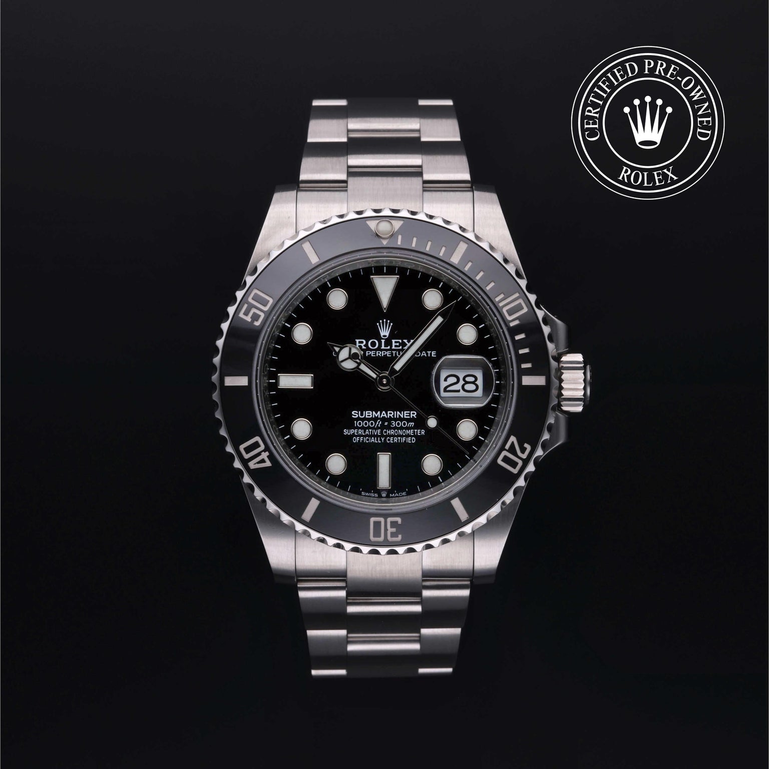 Rolex Certified Pre-owned Submariner M126610LN-0001 front on black background