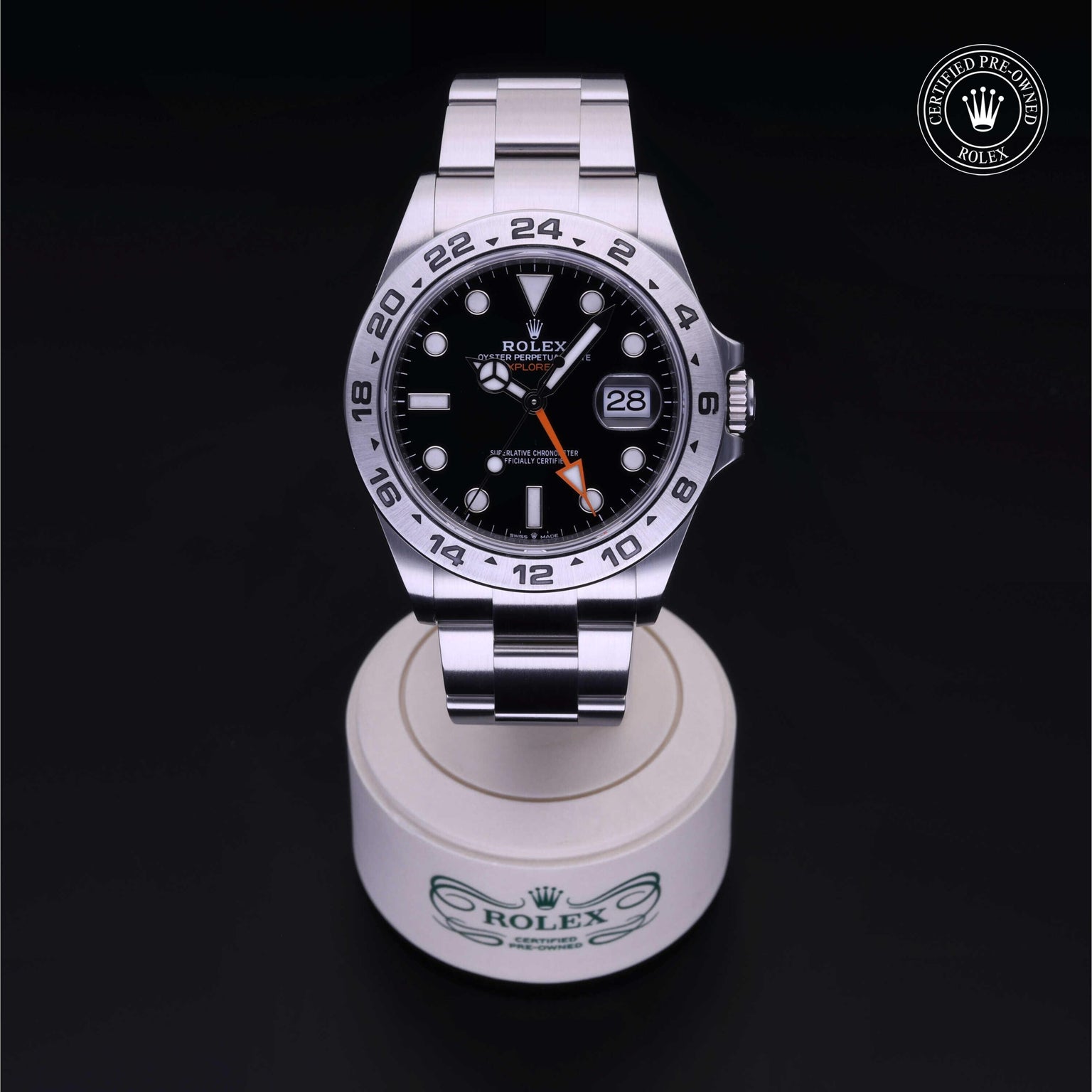 Rolex Certified Pre-owned Explorer M226570-0002 front on black background