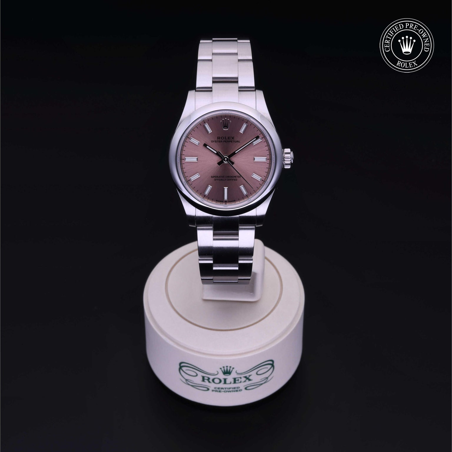 Rolex Certified Pre-owned Oyster Perpetual M277200-0004 front on black background