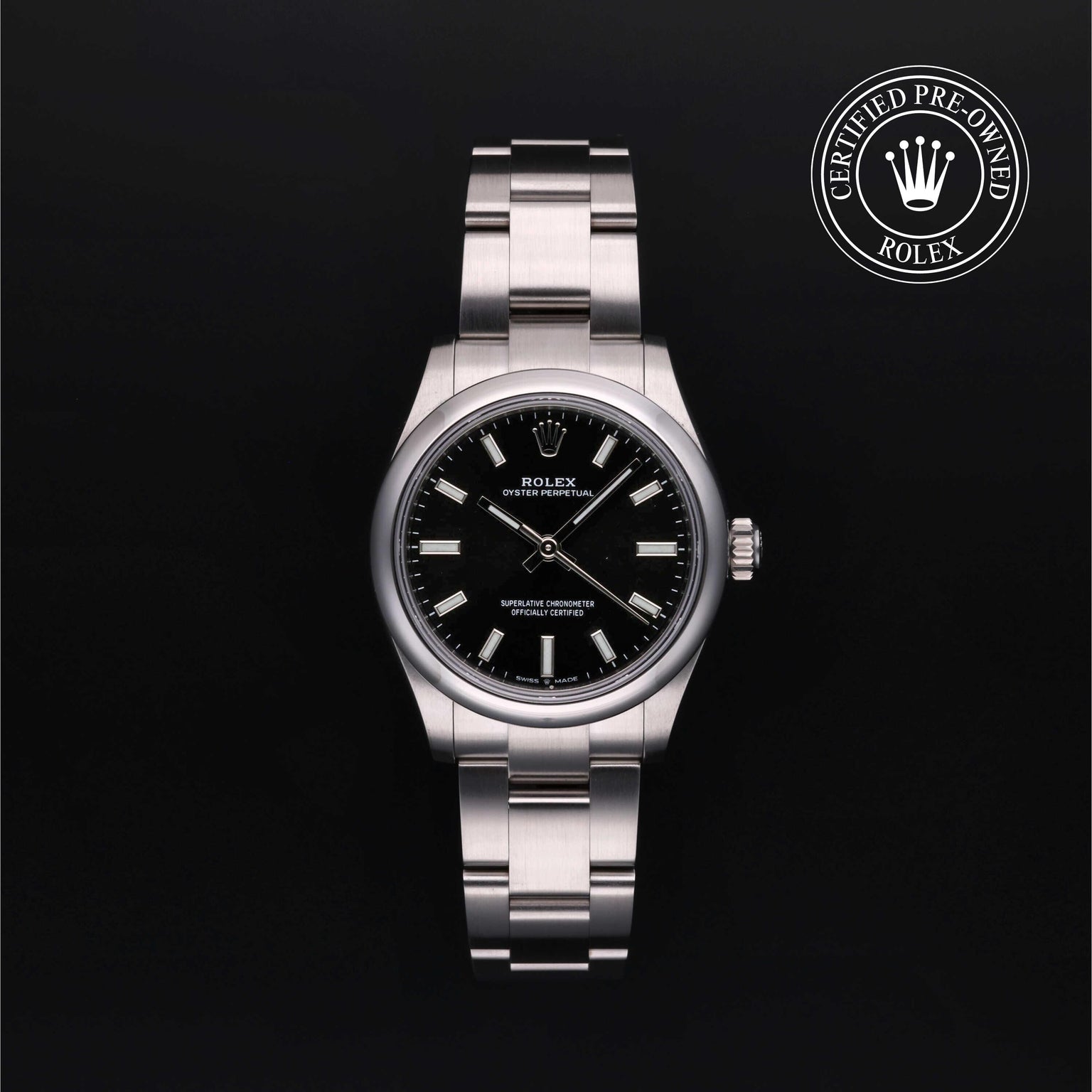 Rolex Certified Pre-owned Oyster Perpetual M277200-0002 front on black background
