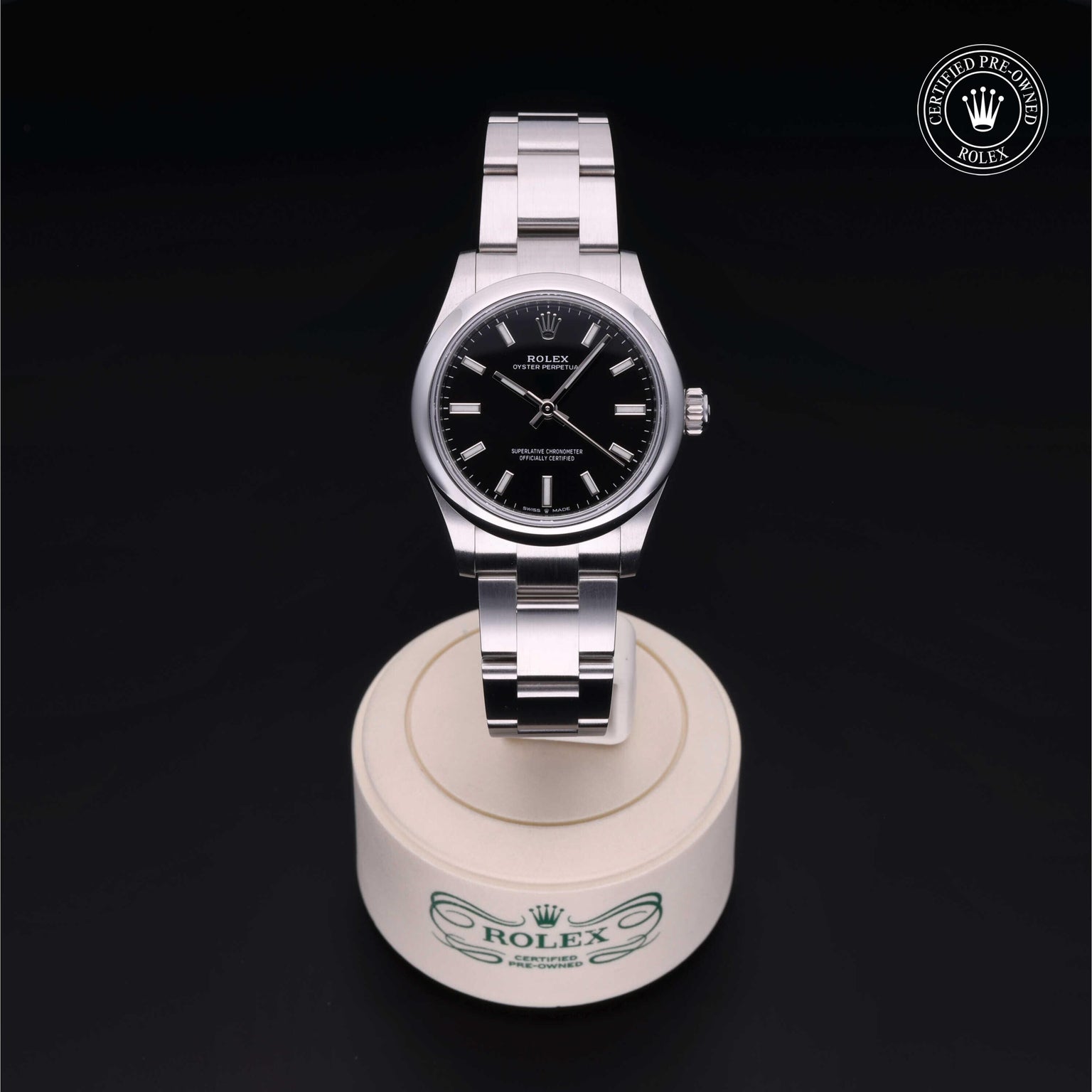 Rolex Certified Pre-owned Oyster Perpetual M277200-0002 front on black background