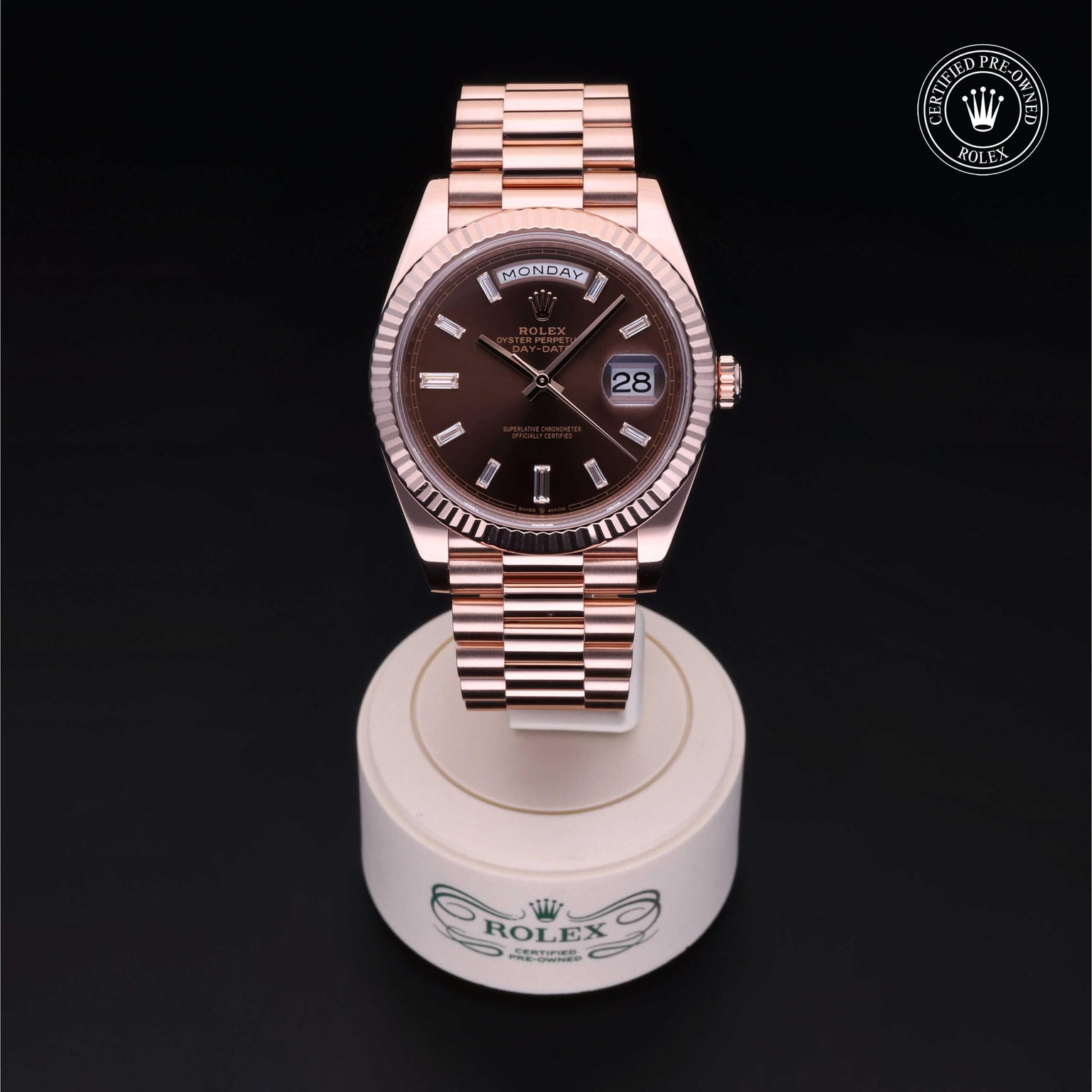 Rolex Certified Pre-owned Day-date M228235-0003 front on black background