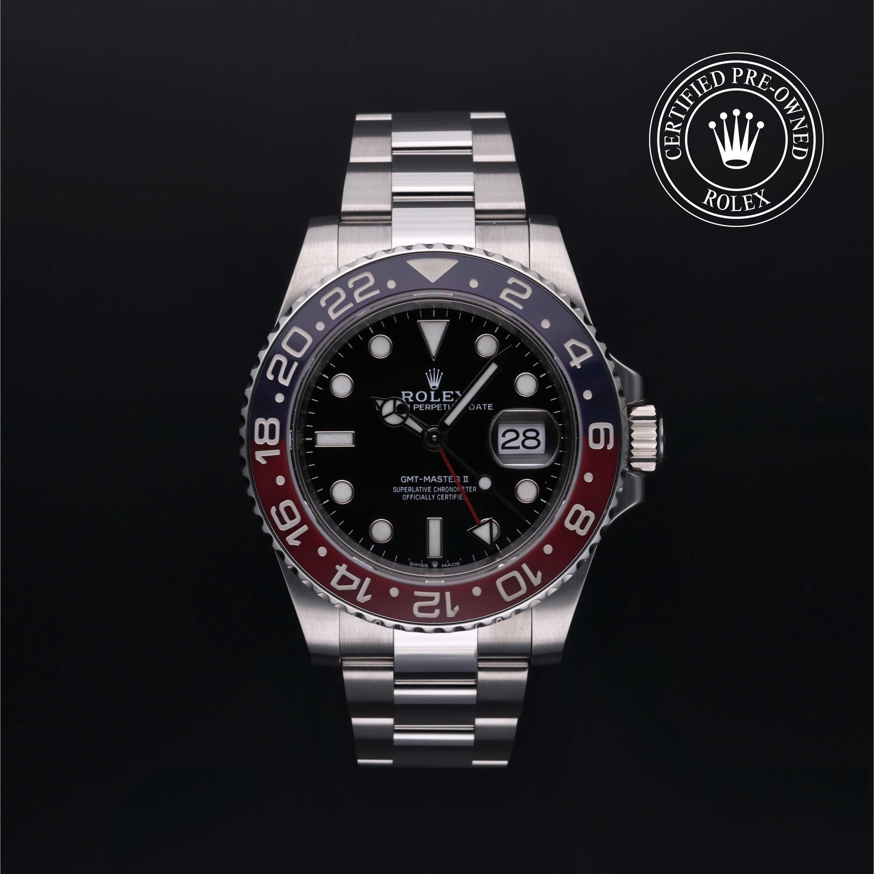 Rolex Certified Pre-owned GMT II M126710BLRO-0001 front on black background