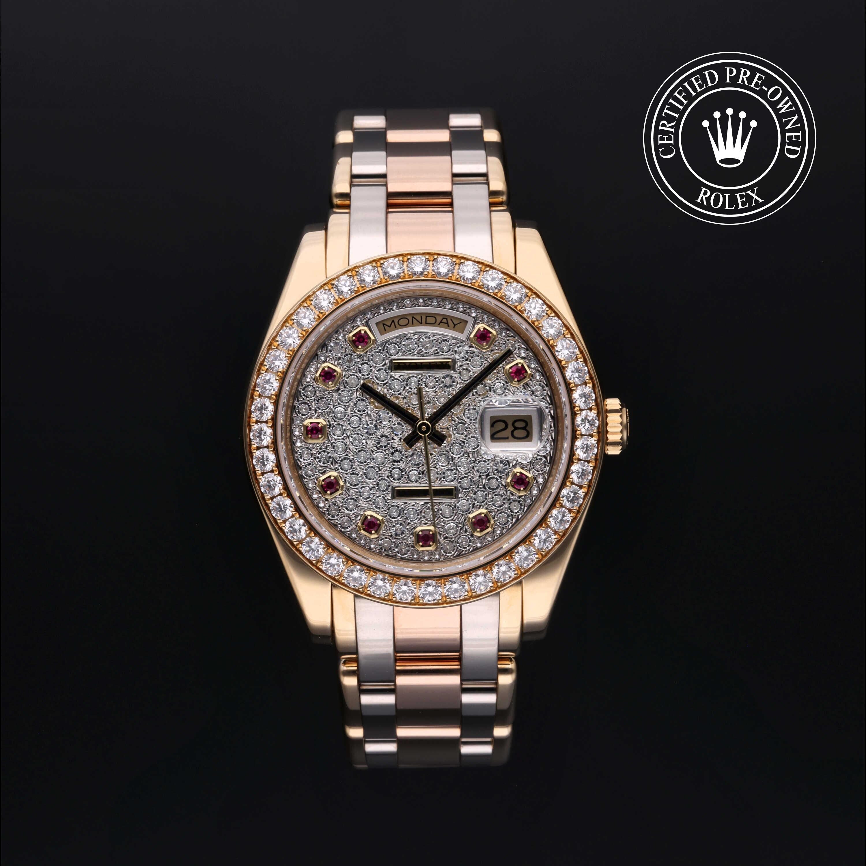 Rolex Certified Pre-owned Pearlmaster M18948-0007 front on black background