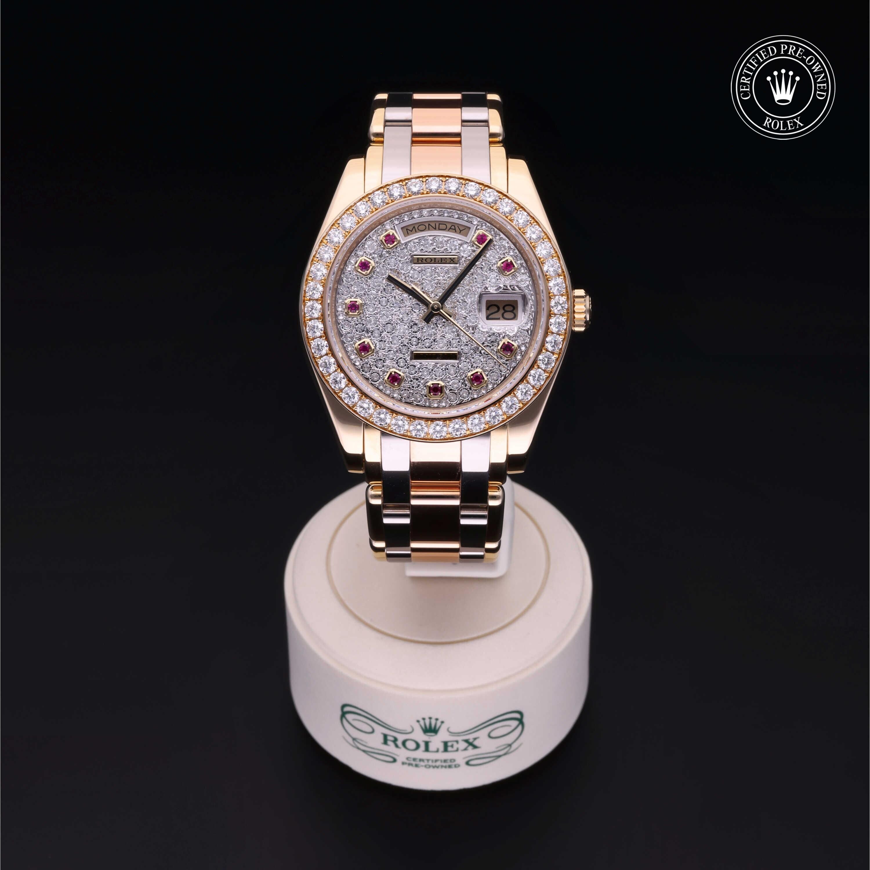 Rolex Certified Pre-owned Pearlmaster M18948-0007 front on black background