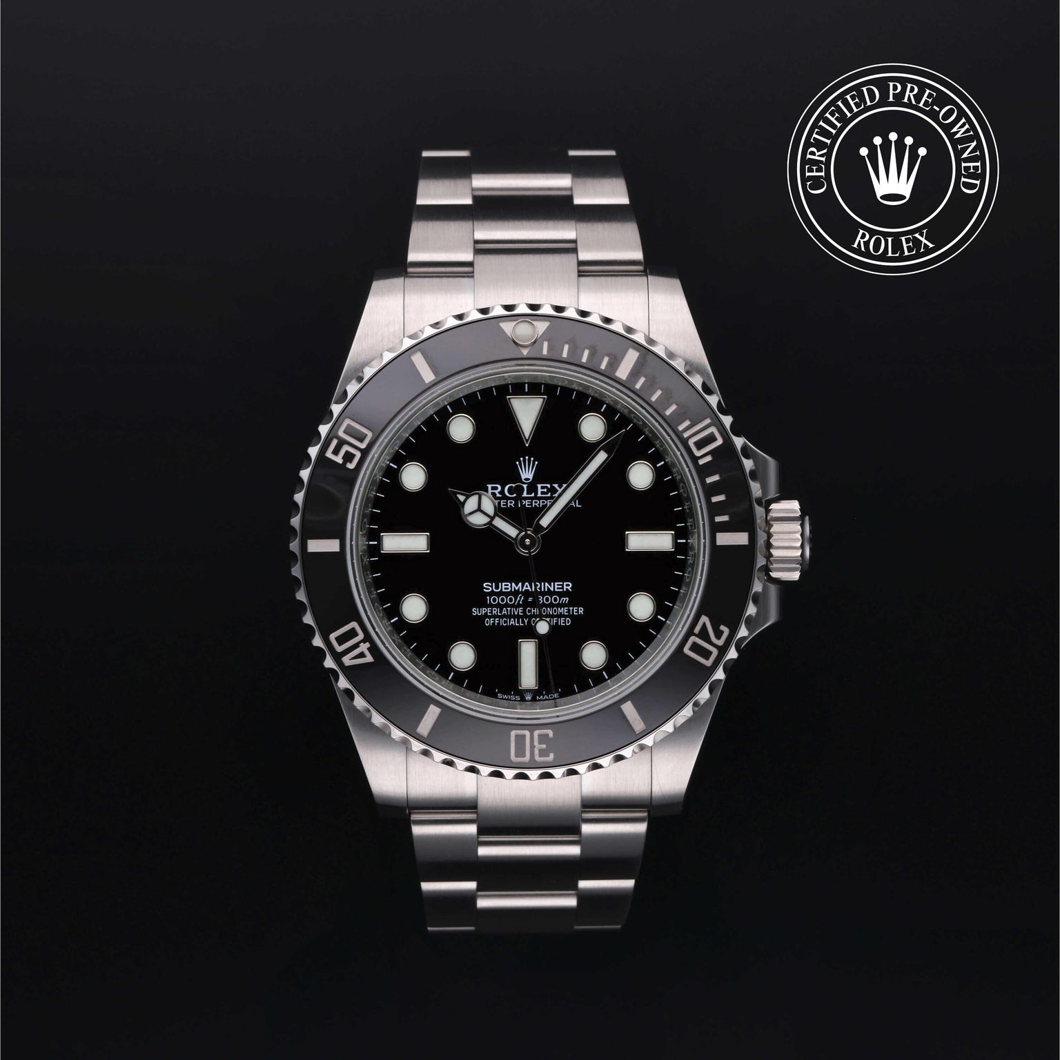 Rolex Certified Pre-owned Submariner M124060-0001 front on black background