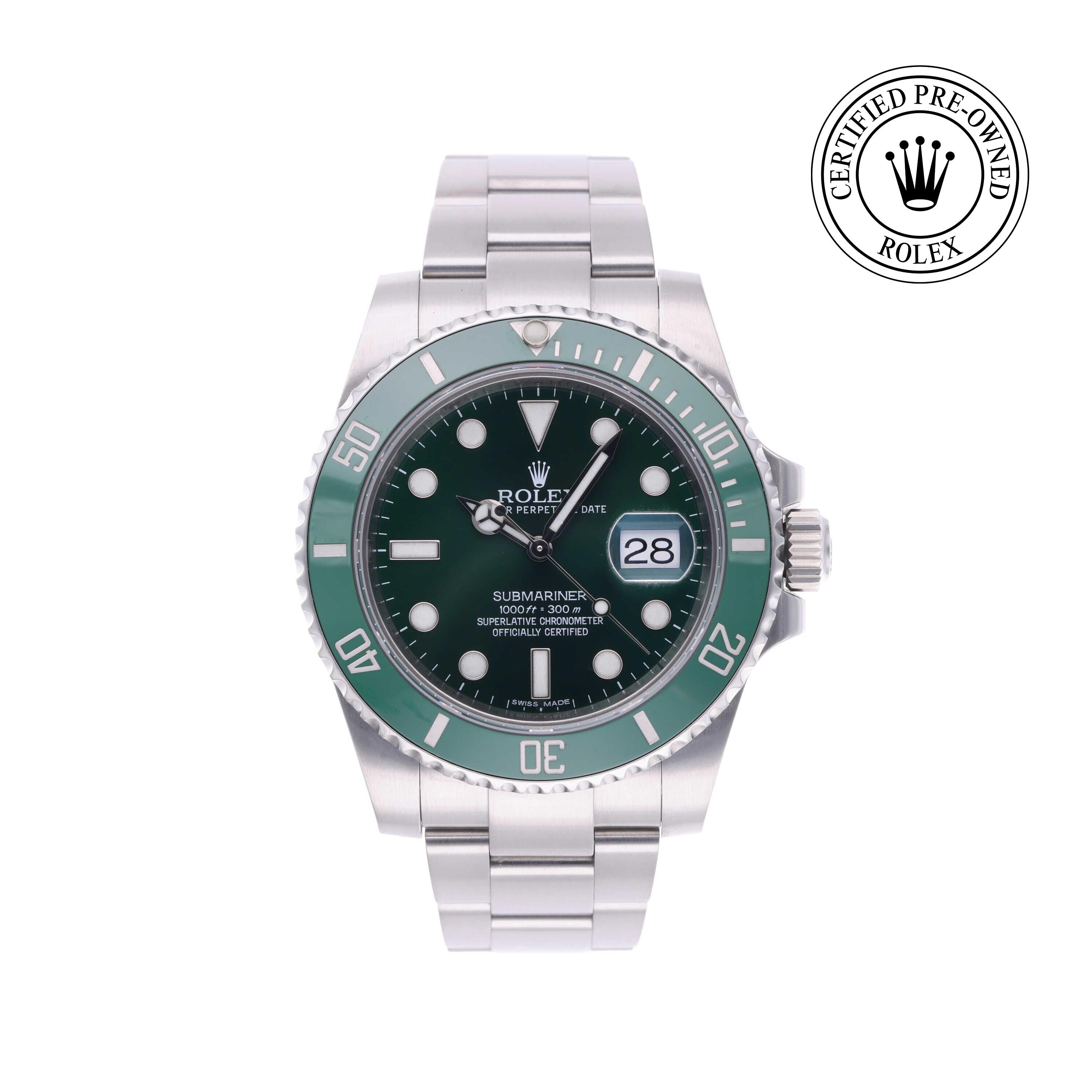 Rolex Certified Pre-owned Submariner M116610LV-0002 front on white background