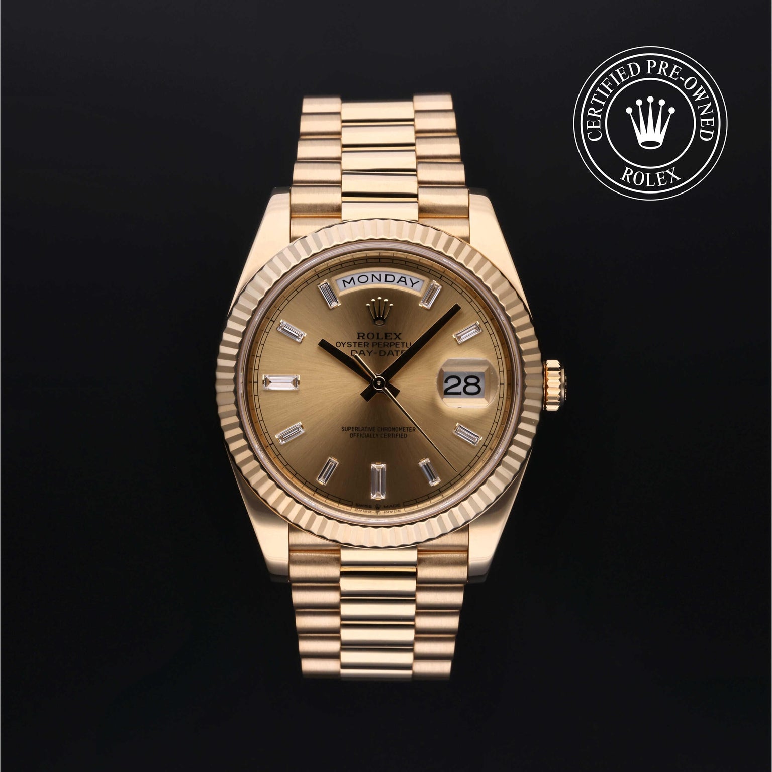 Rolex Certified Pre-owned Day-date M228238-0005 front on black background